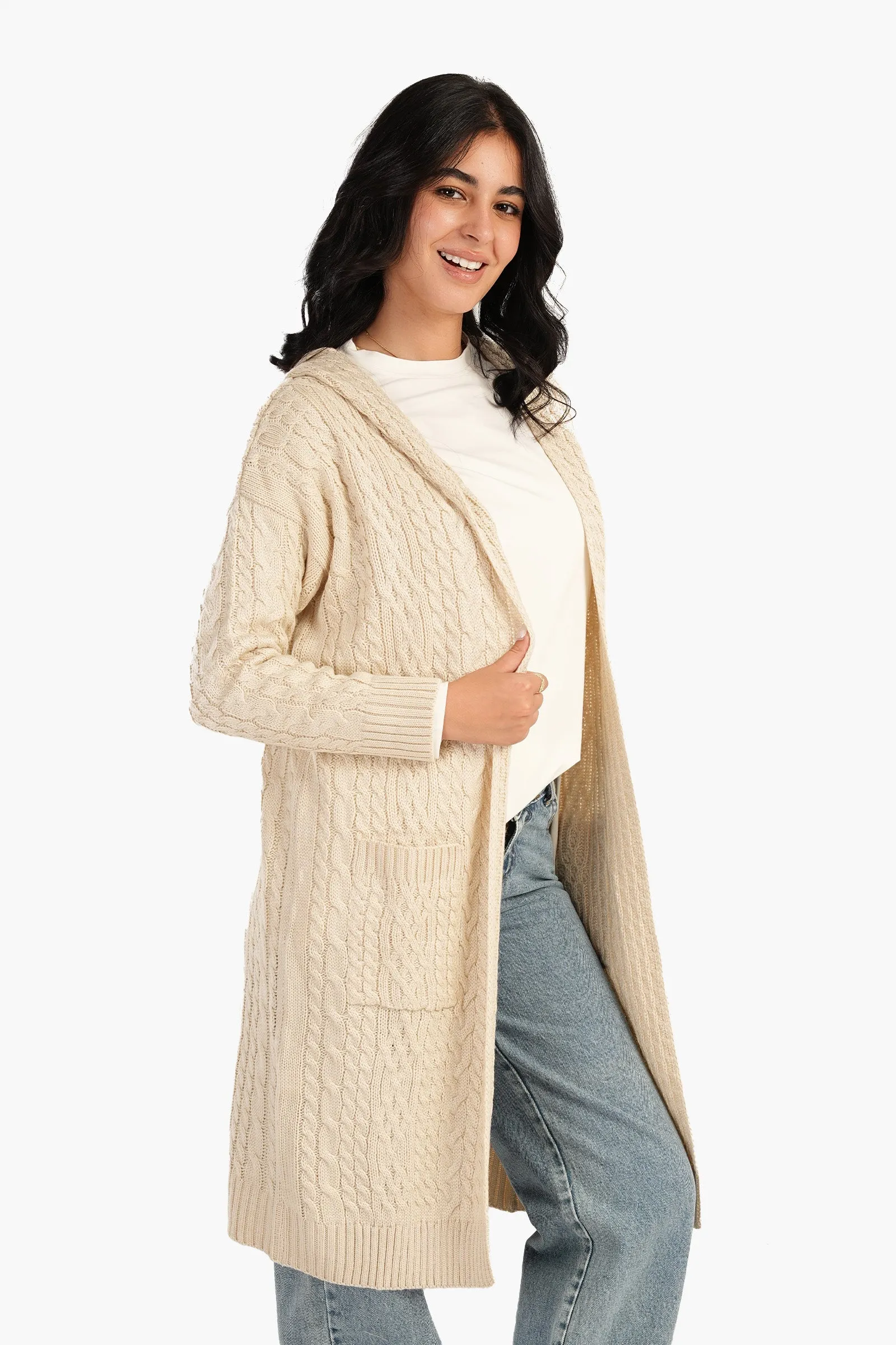 Cable Knitted Hooded Cardigan