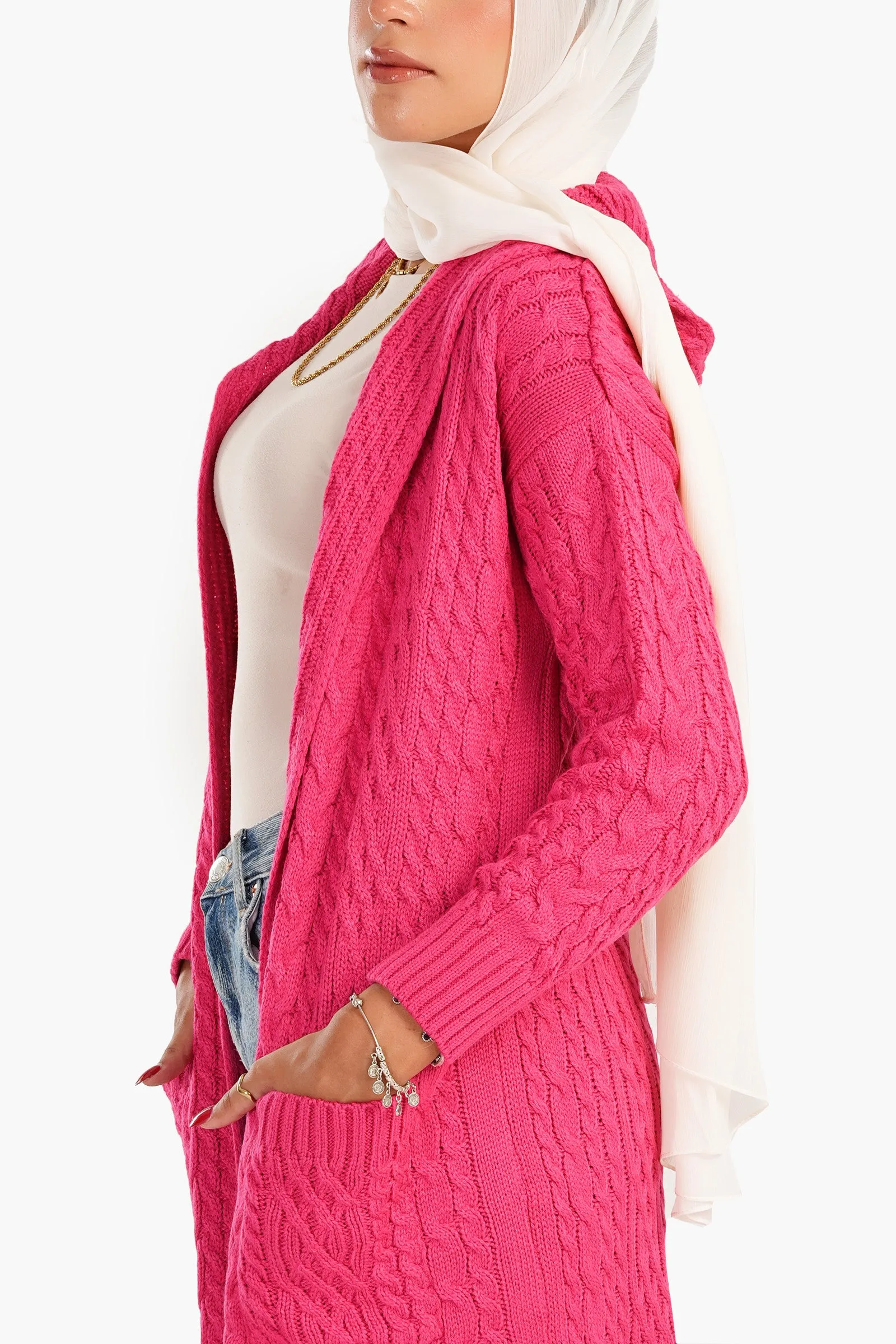 Cable Knitted Hooded Cardigan