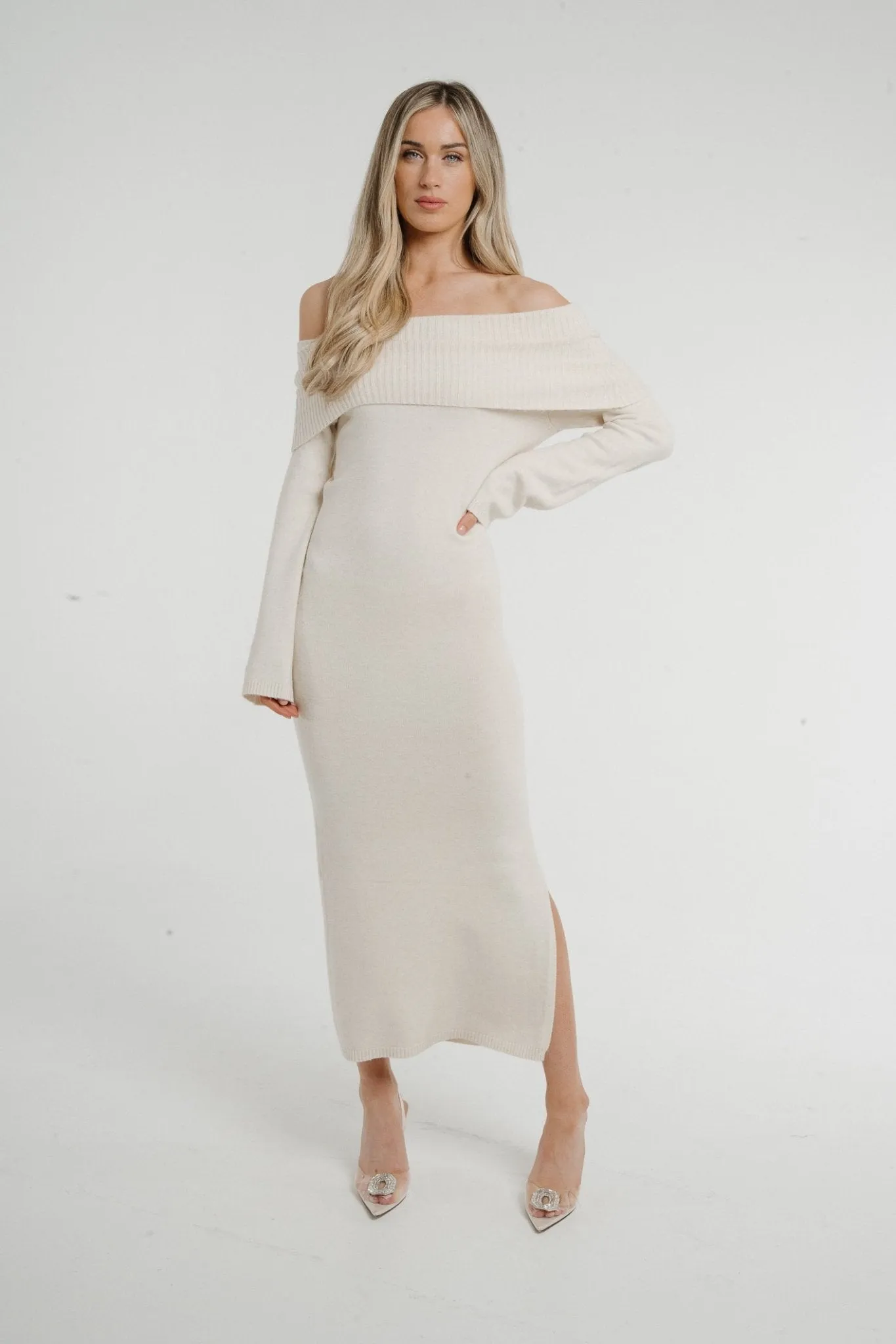 Caitlyn Off Shoulder Knit Dress In Beige