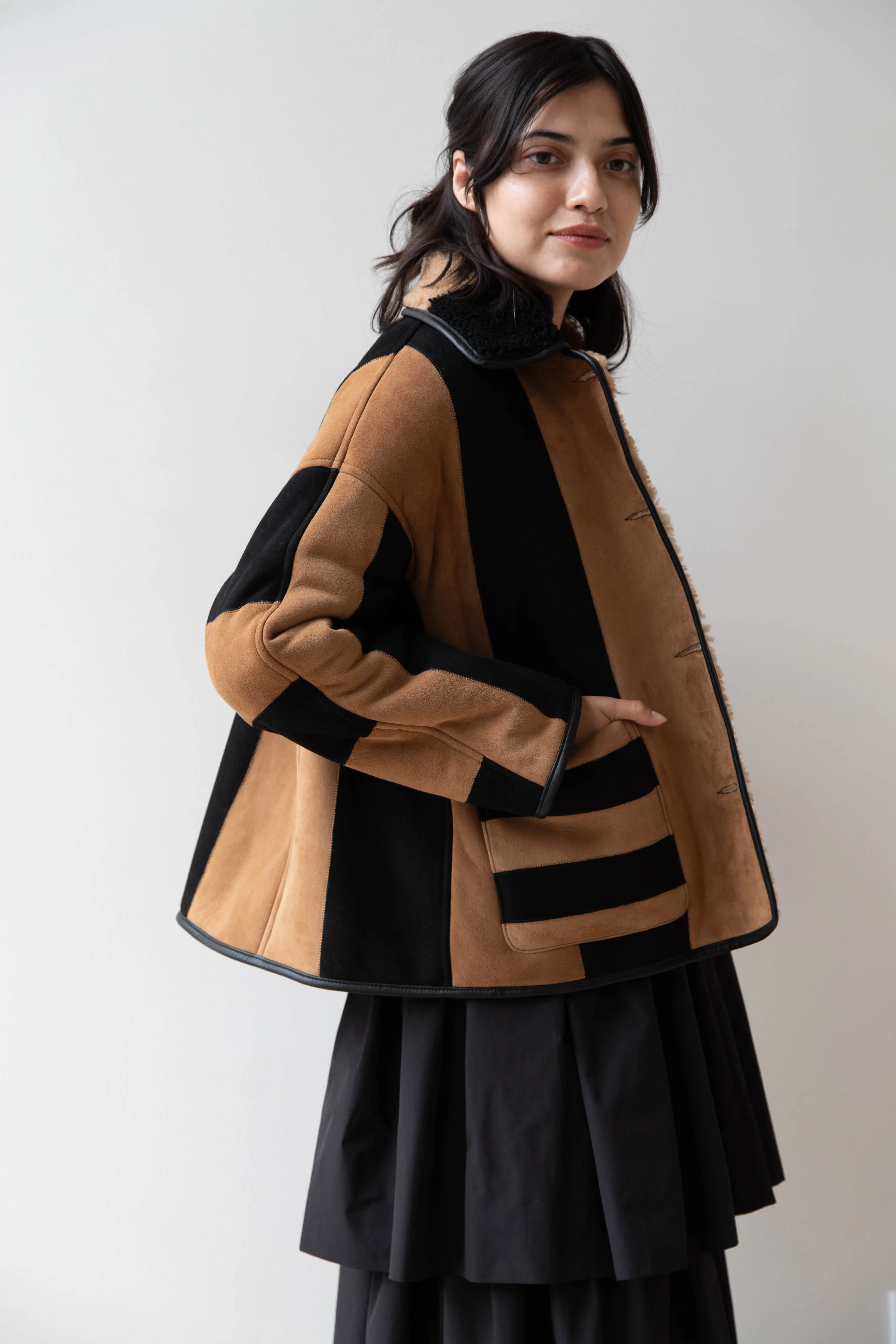 Cawley | Striped Shearling Avis Jacket in Black & Tan