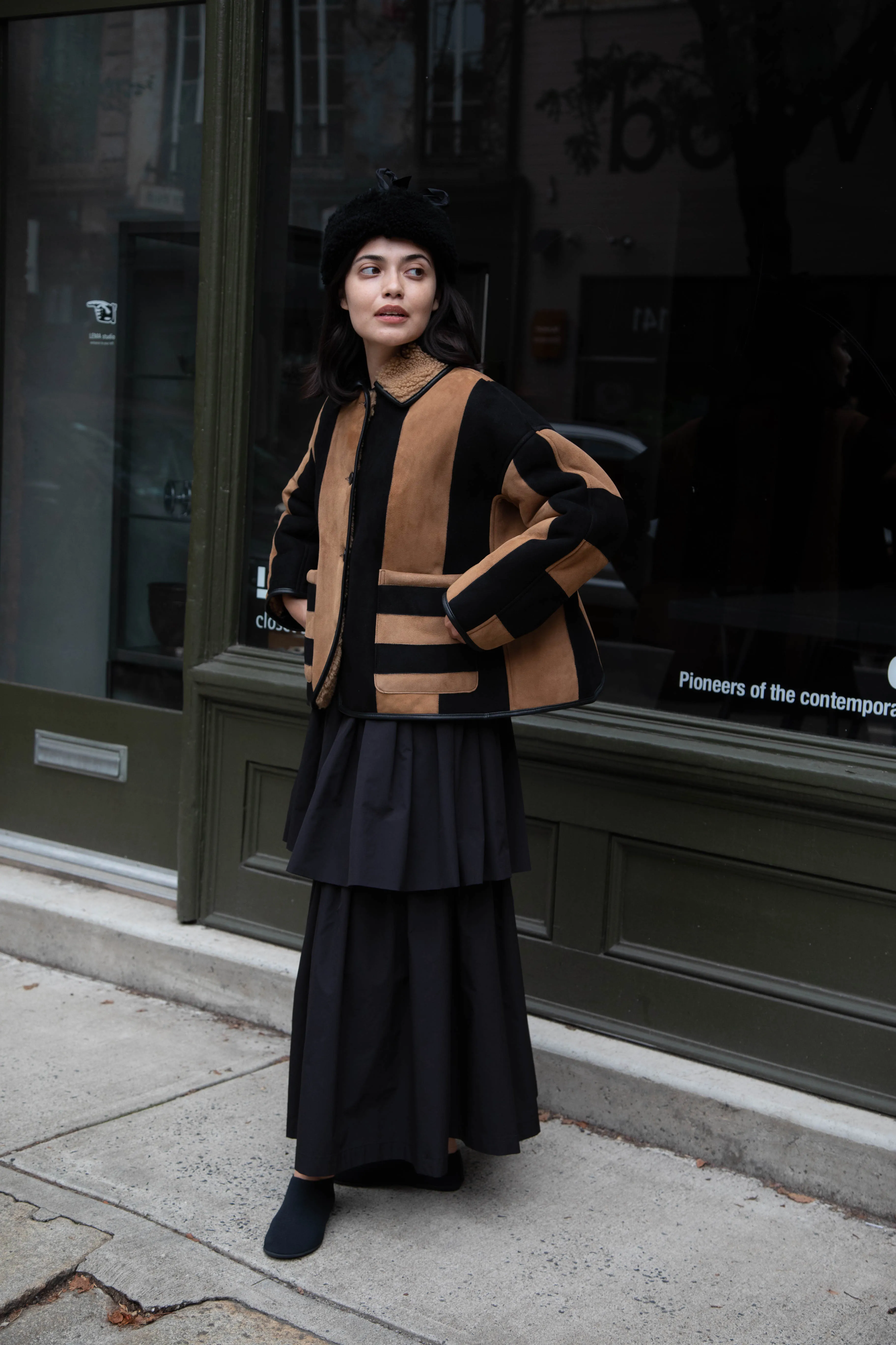 Cawley | Striped Shearling Avis Jacket in Black & Tan