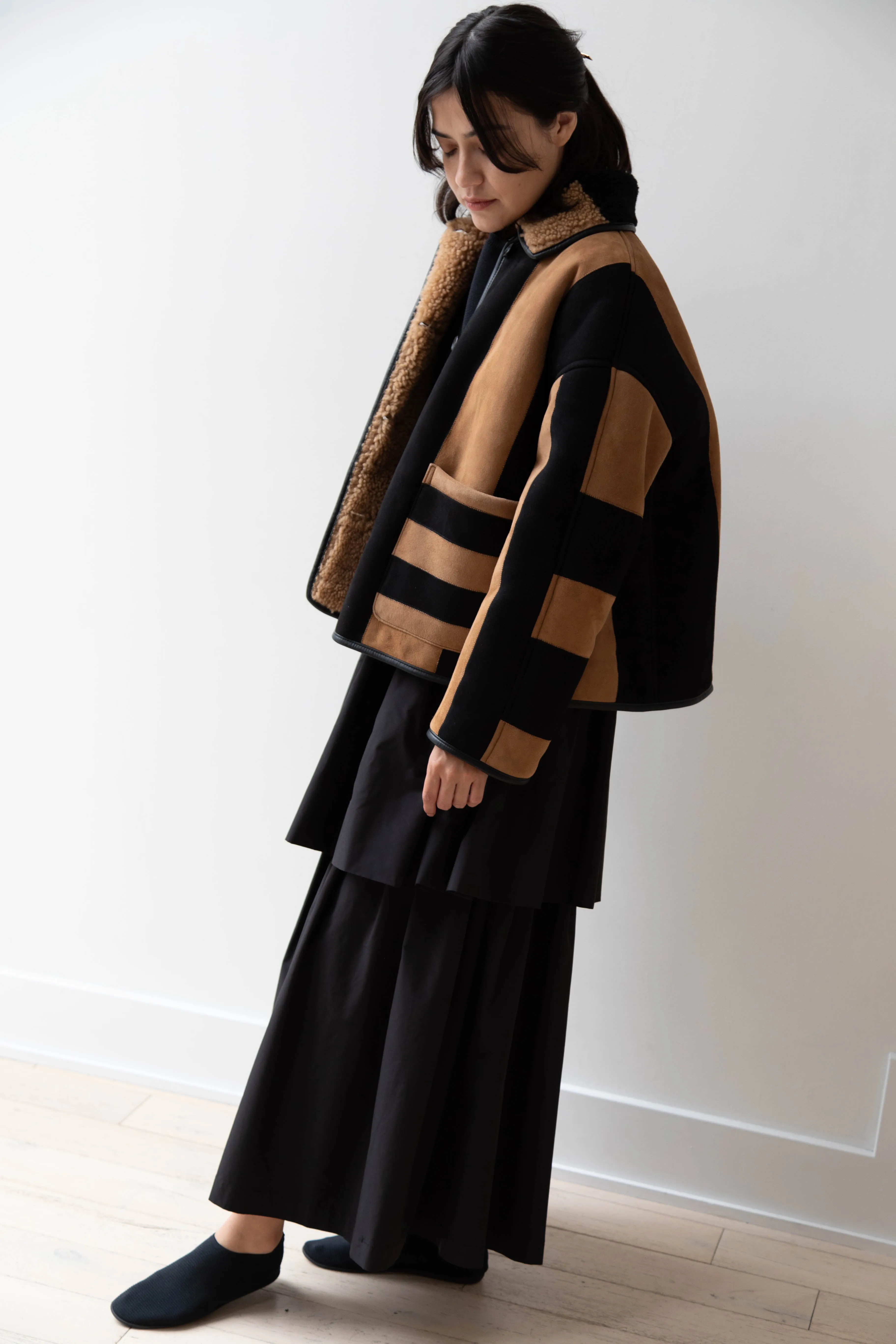 Cawley | Striped Shearling Avis Jacket in Black & Tan