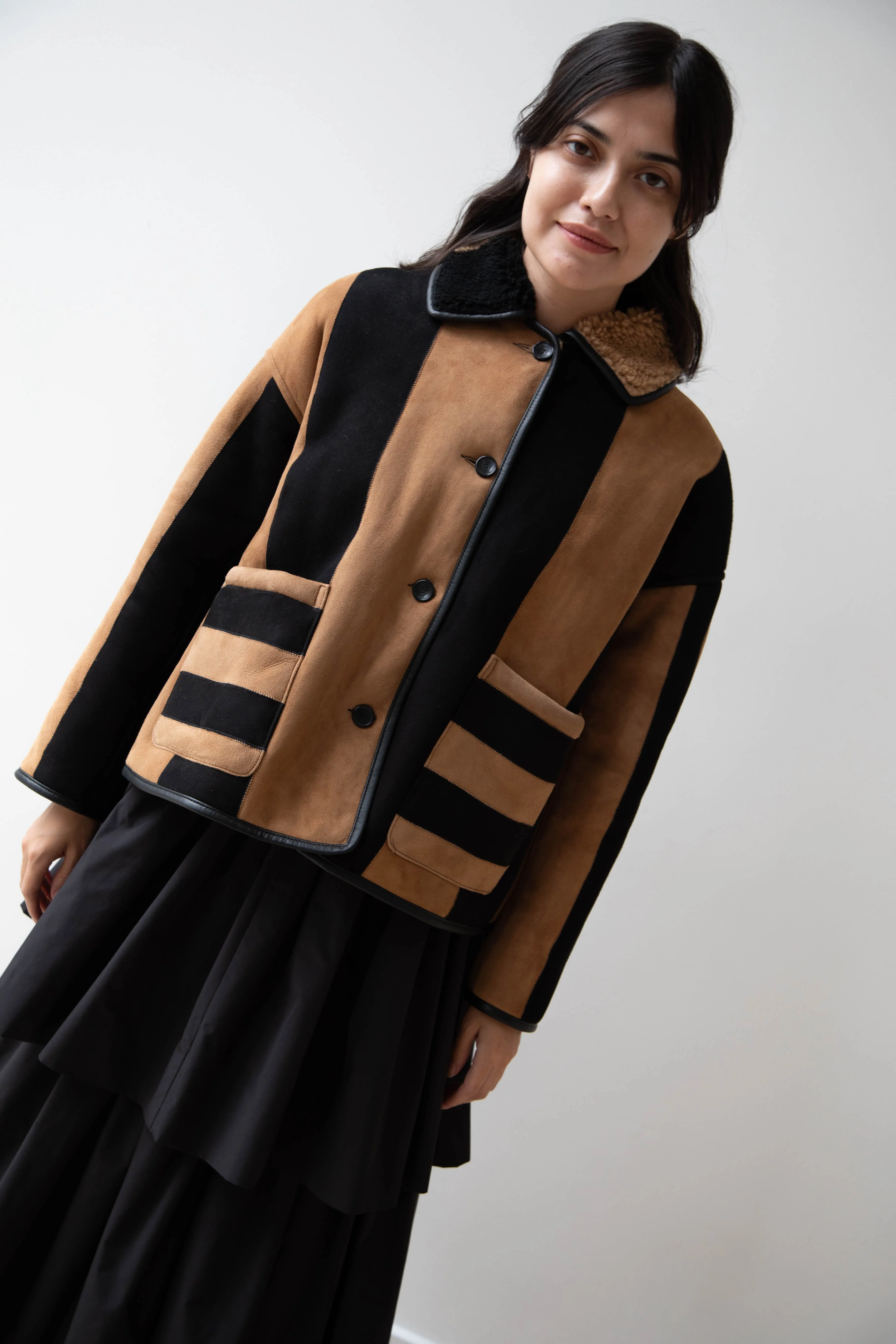 Cawley | Striped Shearling Avis Jacket in Black & Tan