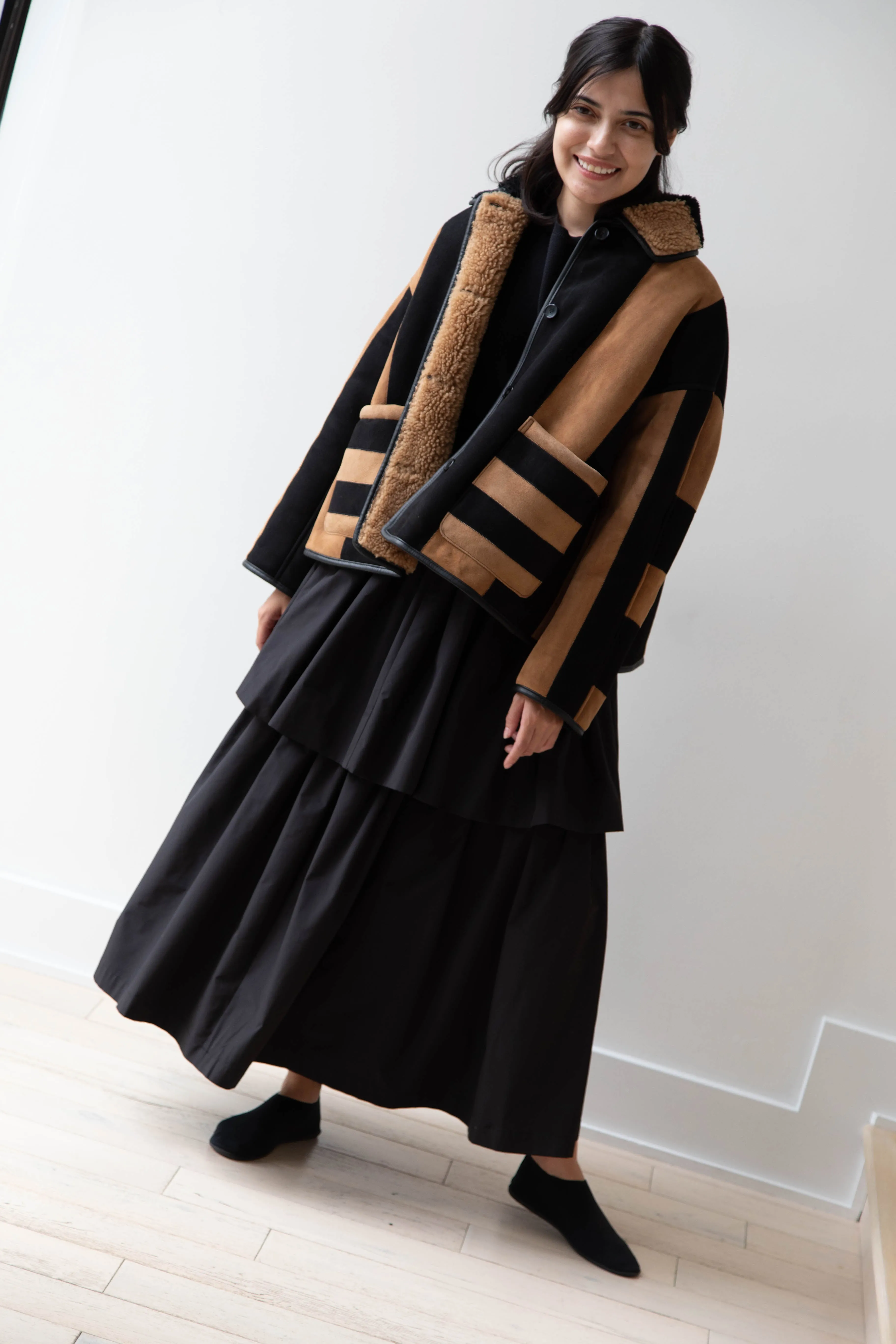 Cawley | Striped Shearling Avis Jacket in Black & Tan