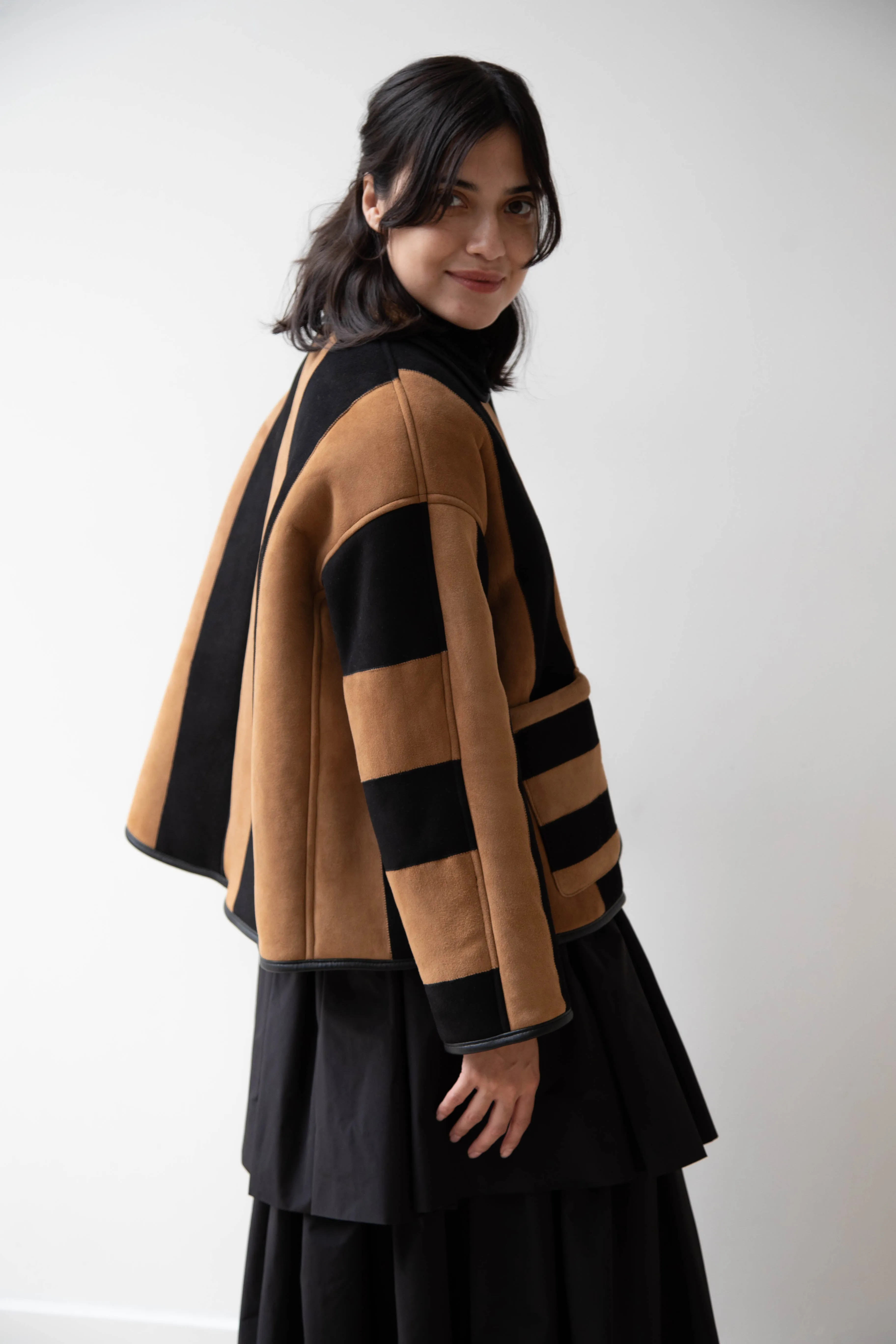 Cawley | Striped Shearling Avis Jacket in Black & Tan