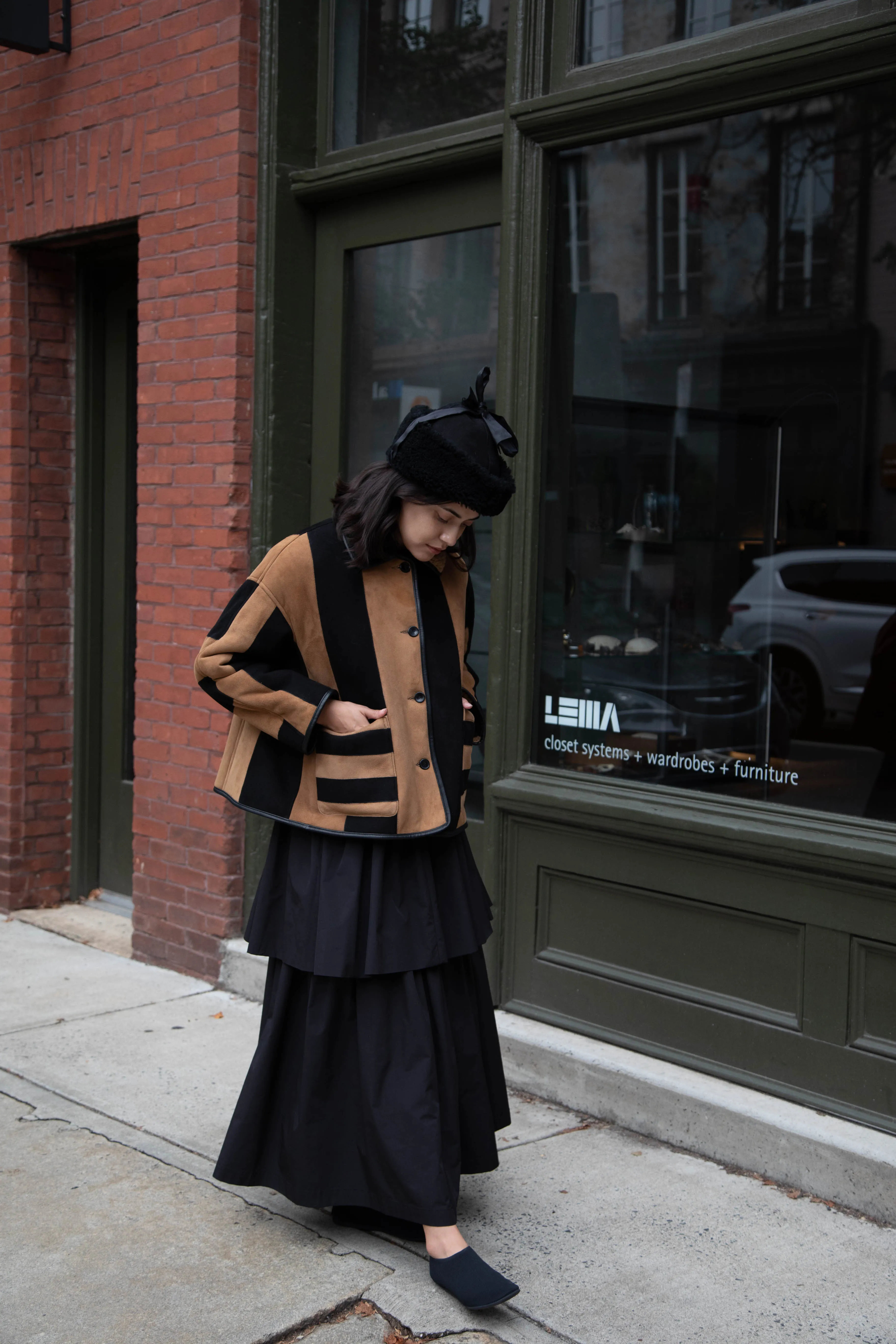 Cawley | Striped Shearling Avis Jacket in Black & Tan