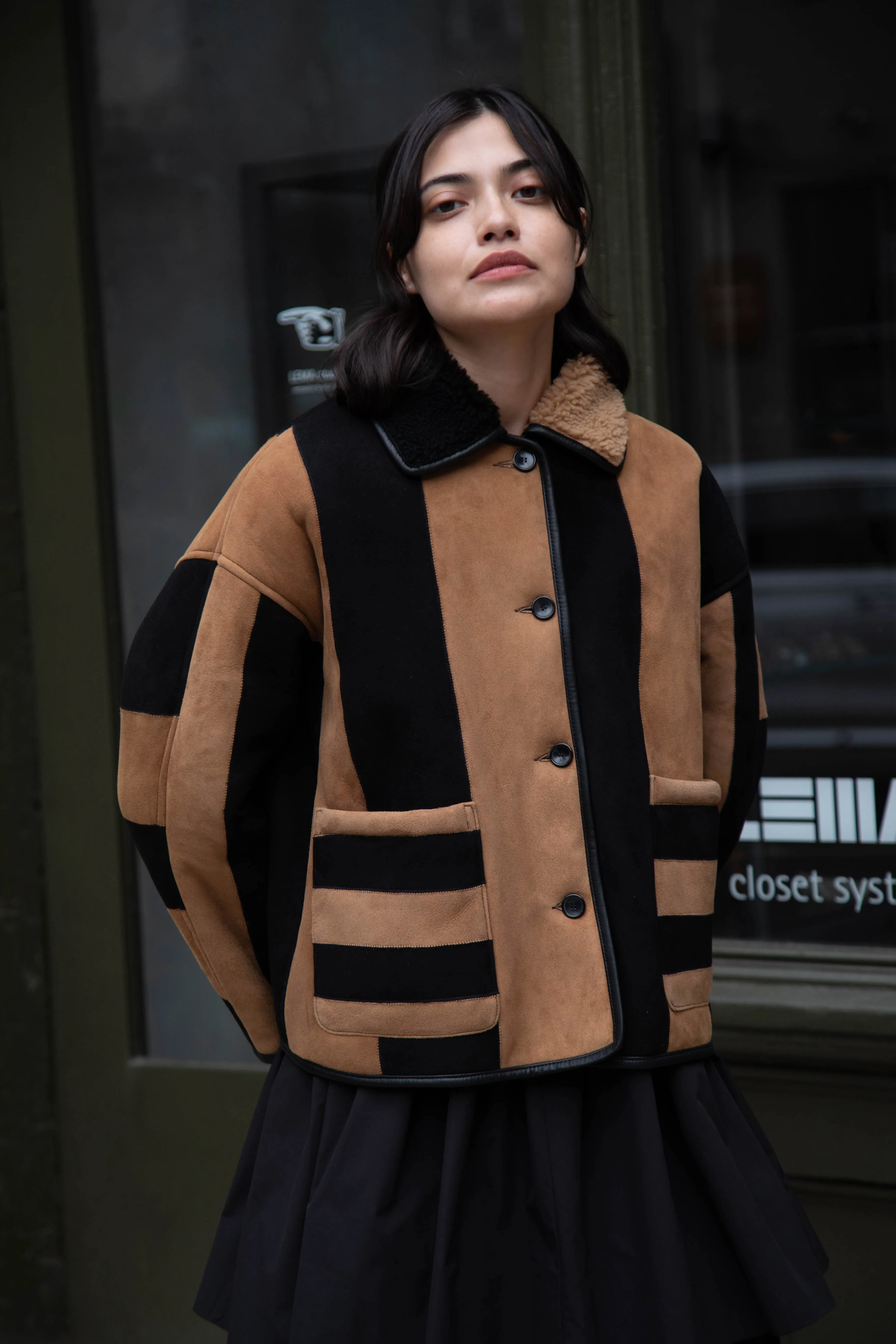 Cawley | Striped Shearling Avis Jacket in Black & Tan