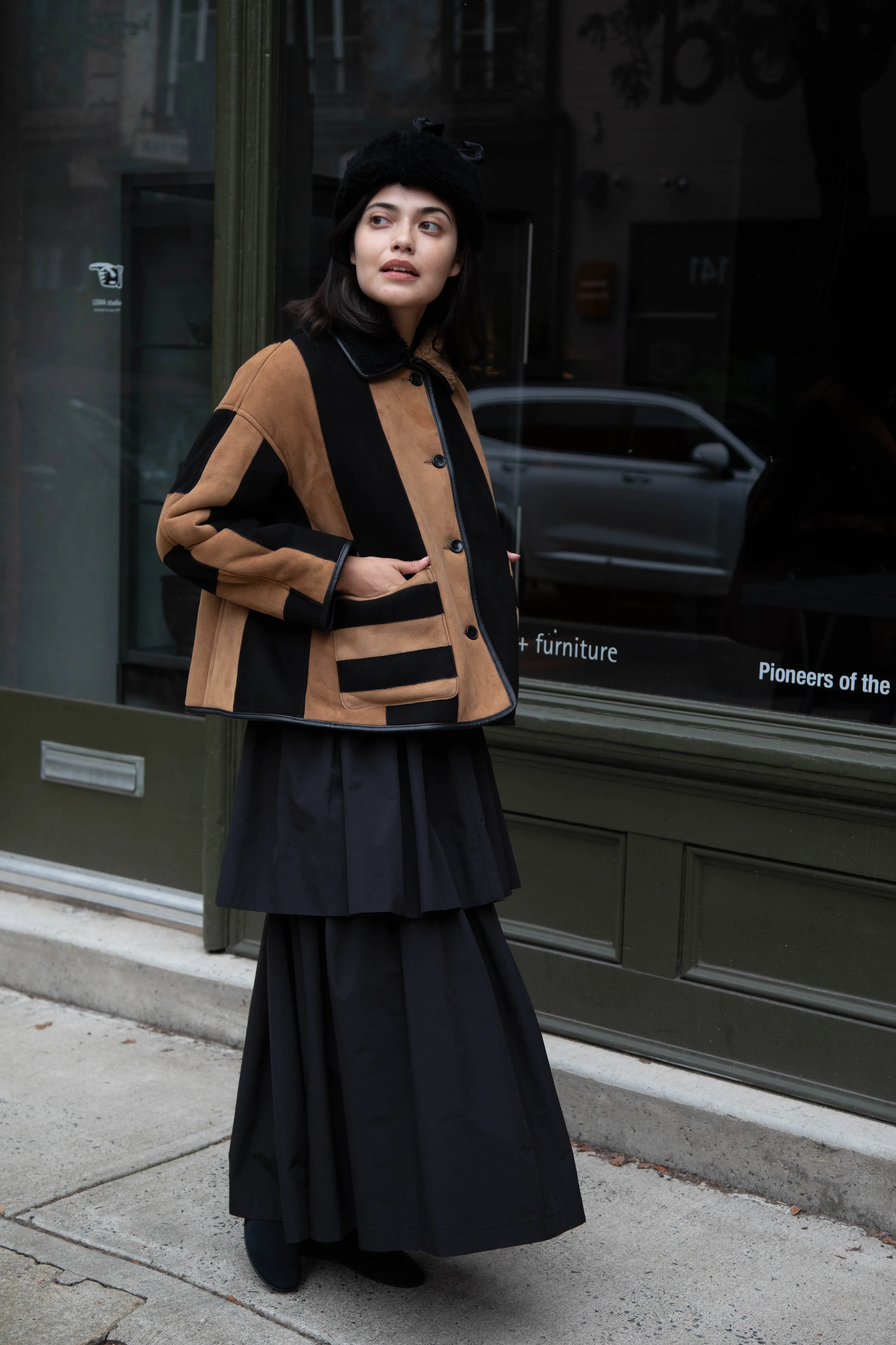 Cawley | Striped Shearling Avis Jacket in Black & Tan