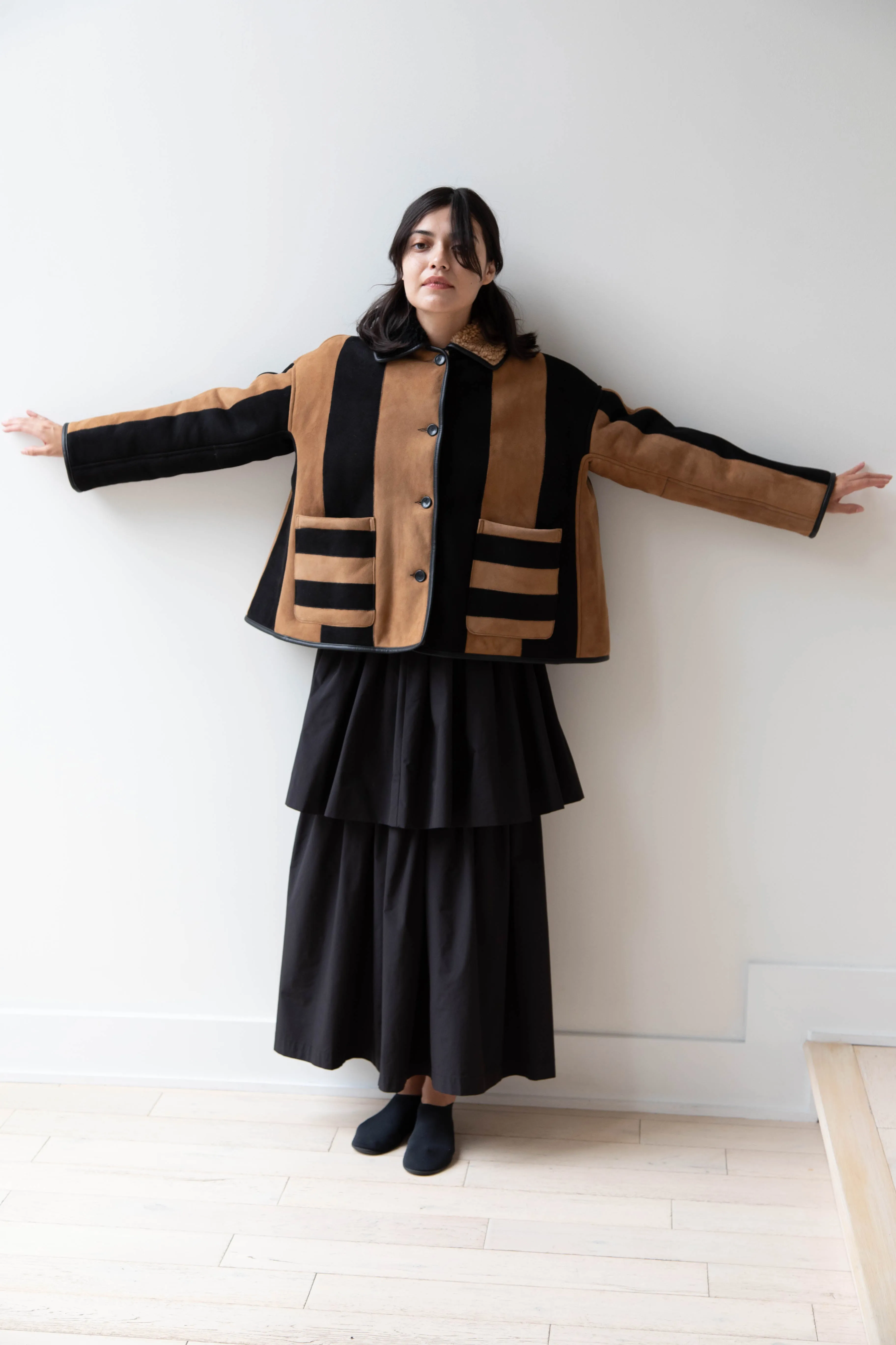 Cawley | Striped Shearling Avis Jacket in Black & Tan