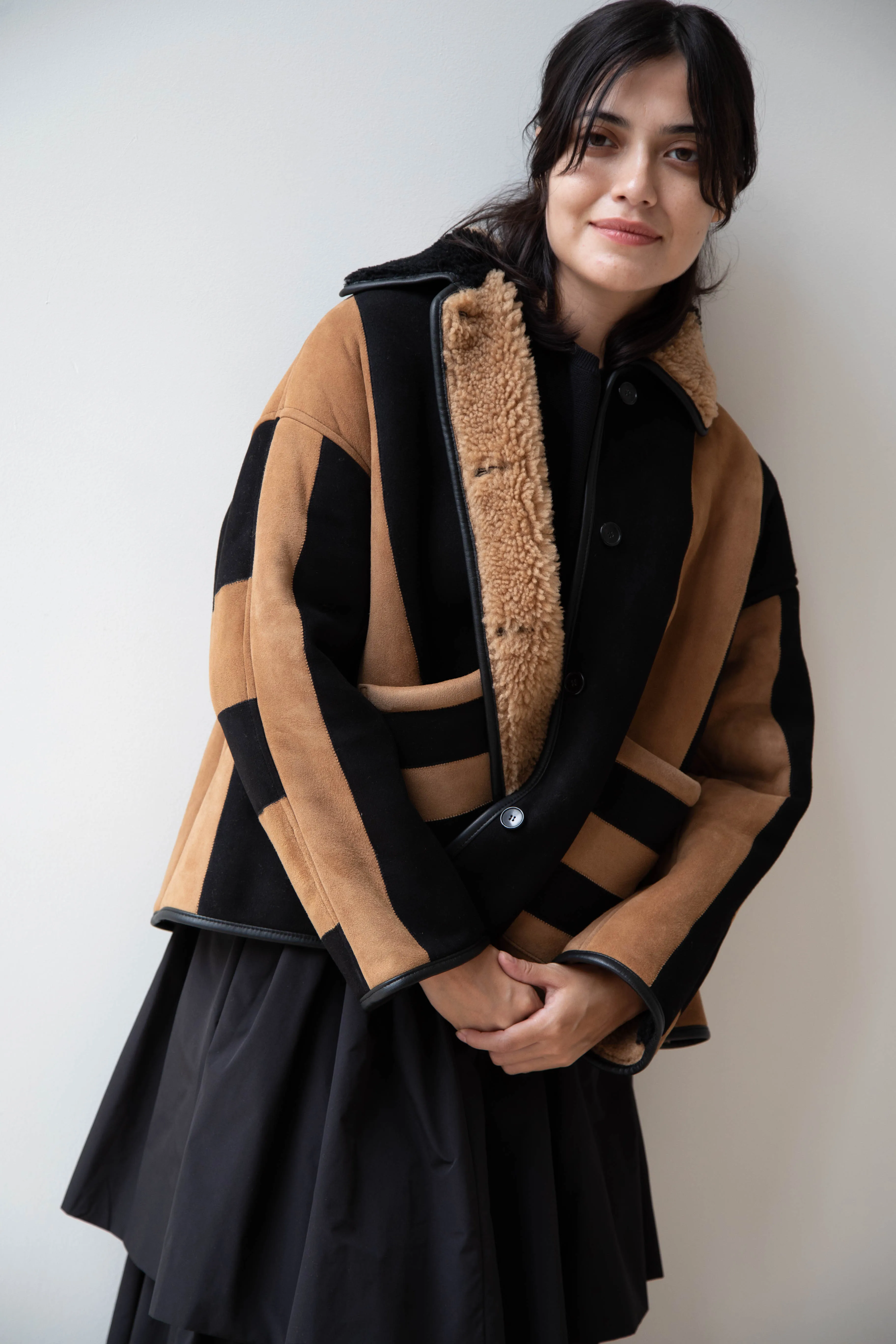 Cawley | Striped Shearling Avis Jacket in Black & Tan