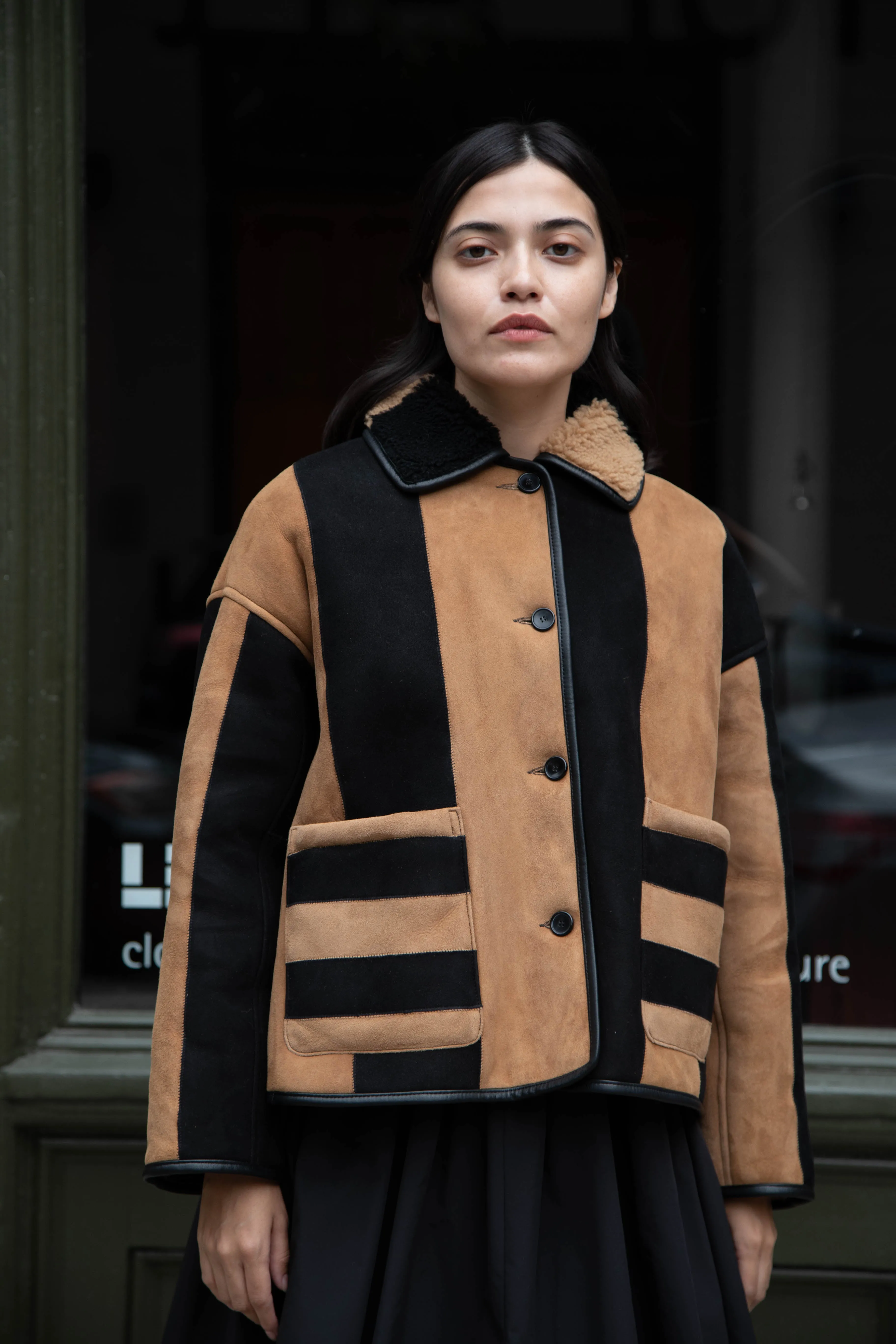 Cawley | Striped Shearling Avis Jacket in Black & Tan