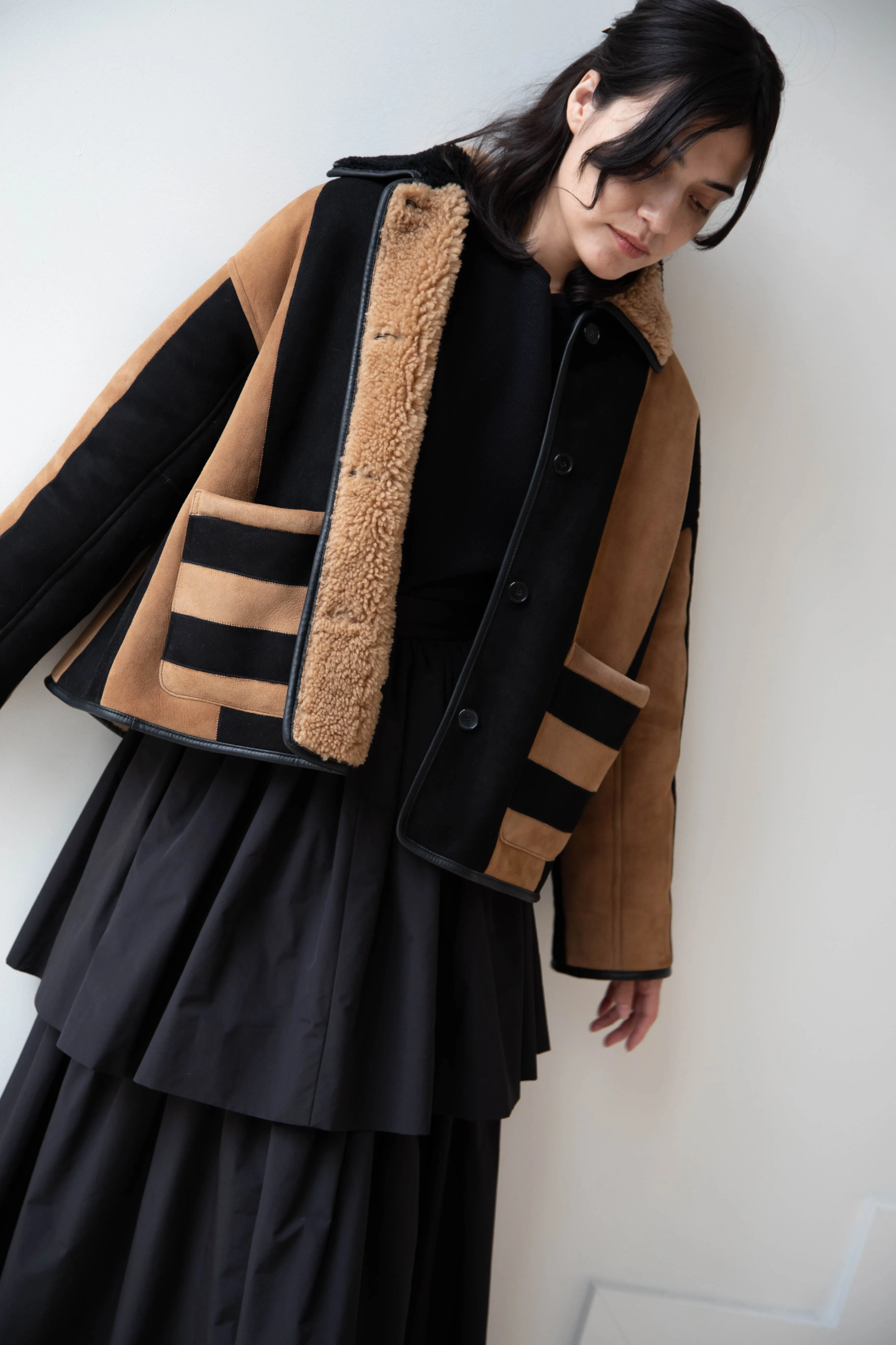 Cawley | Striped Shearling Avis Jacket in Black & Tan