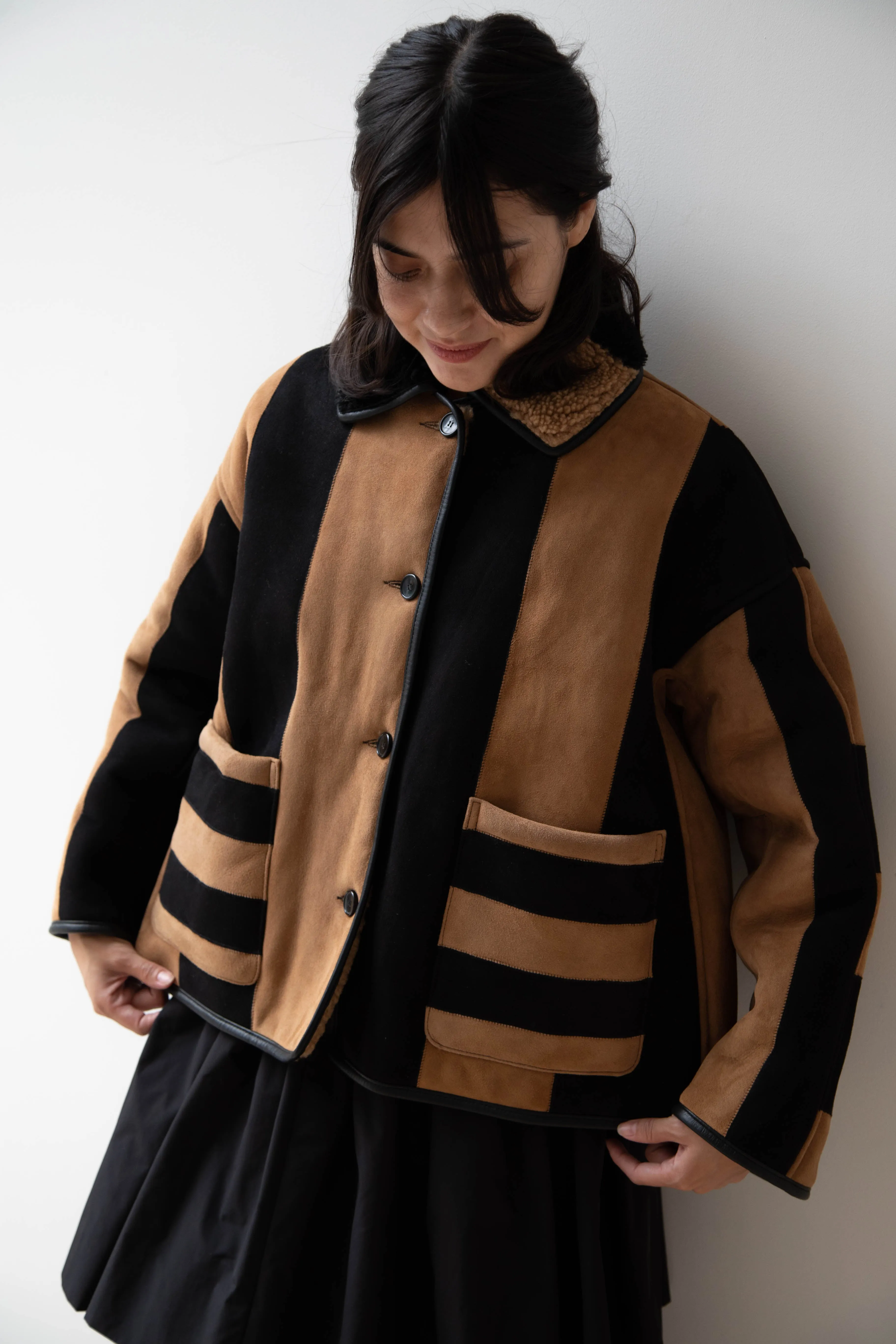 Cawley | Striped Shearling Avis Jacket in Black & Tan