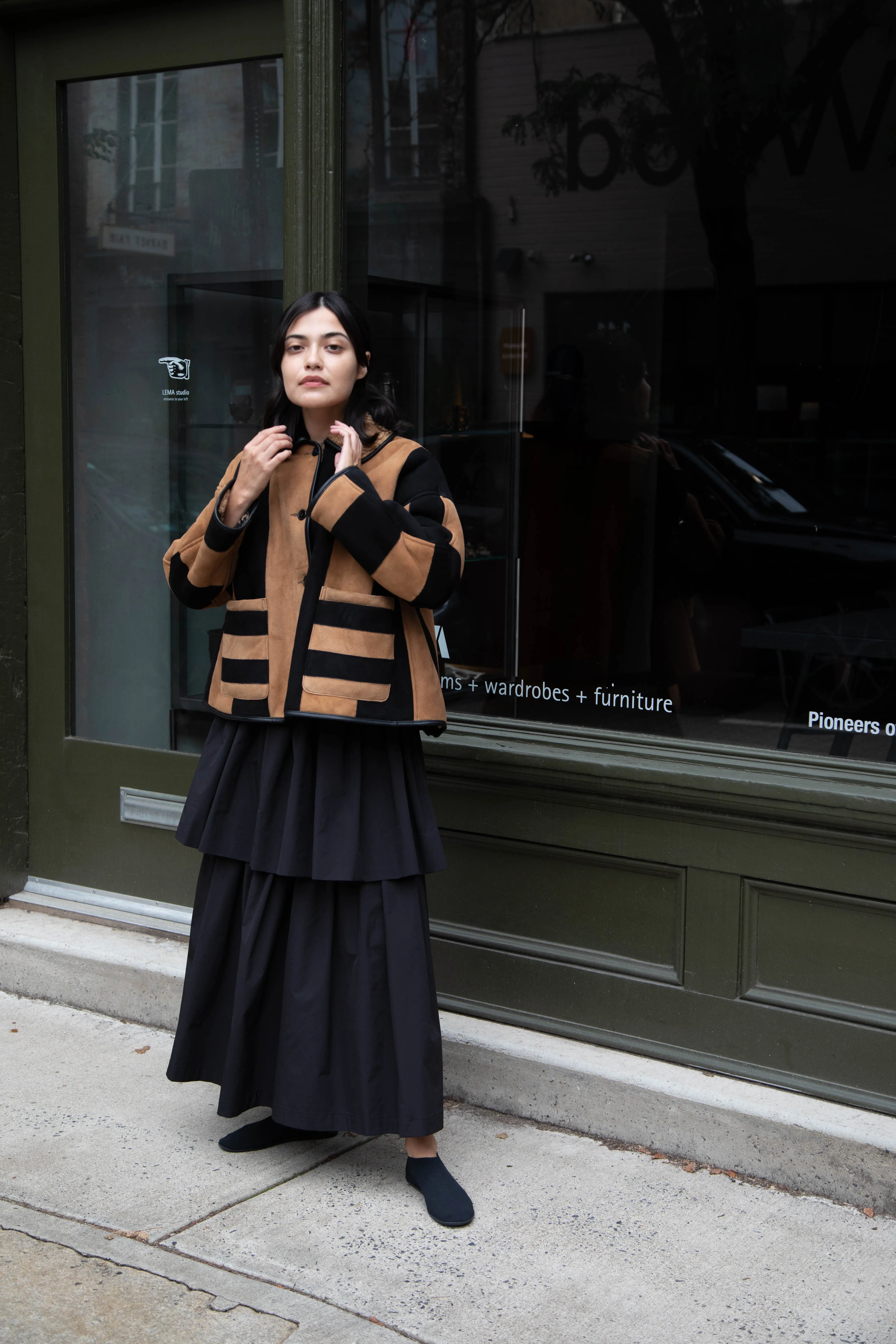 Cawley | Striped Shearling Avis Jacket in Black & Tan