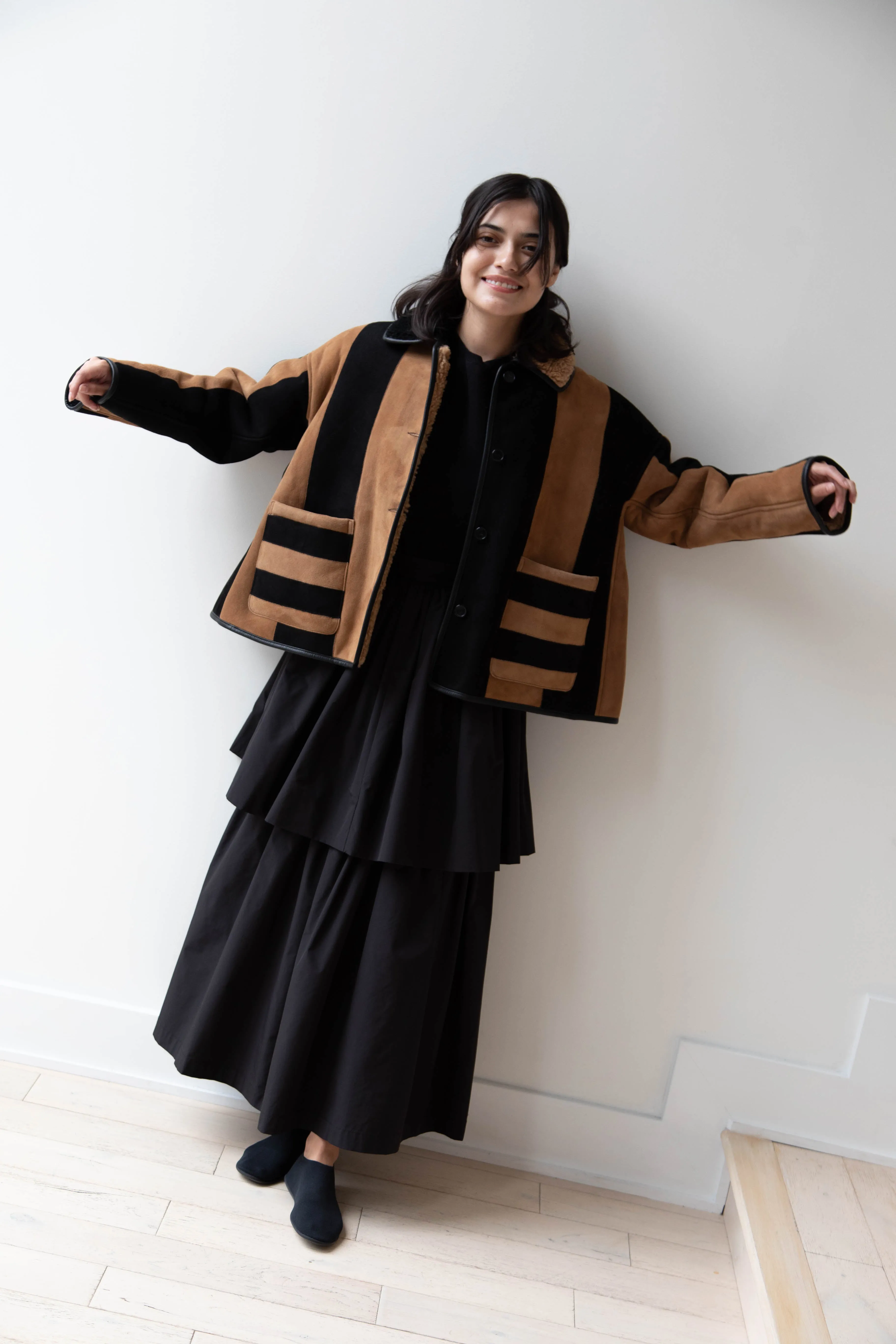 Cawley | Striped Shearling Avis Jacket in Black & Tan