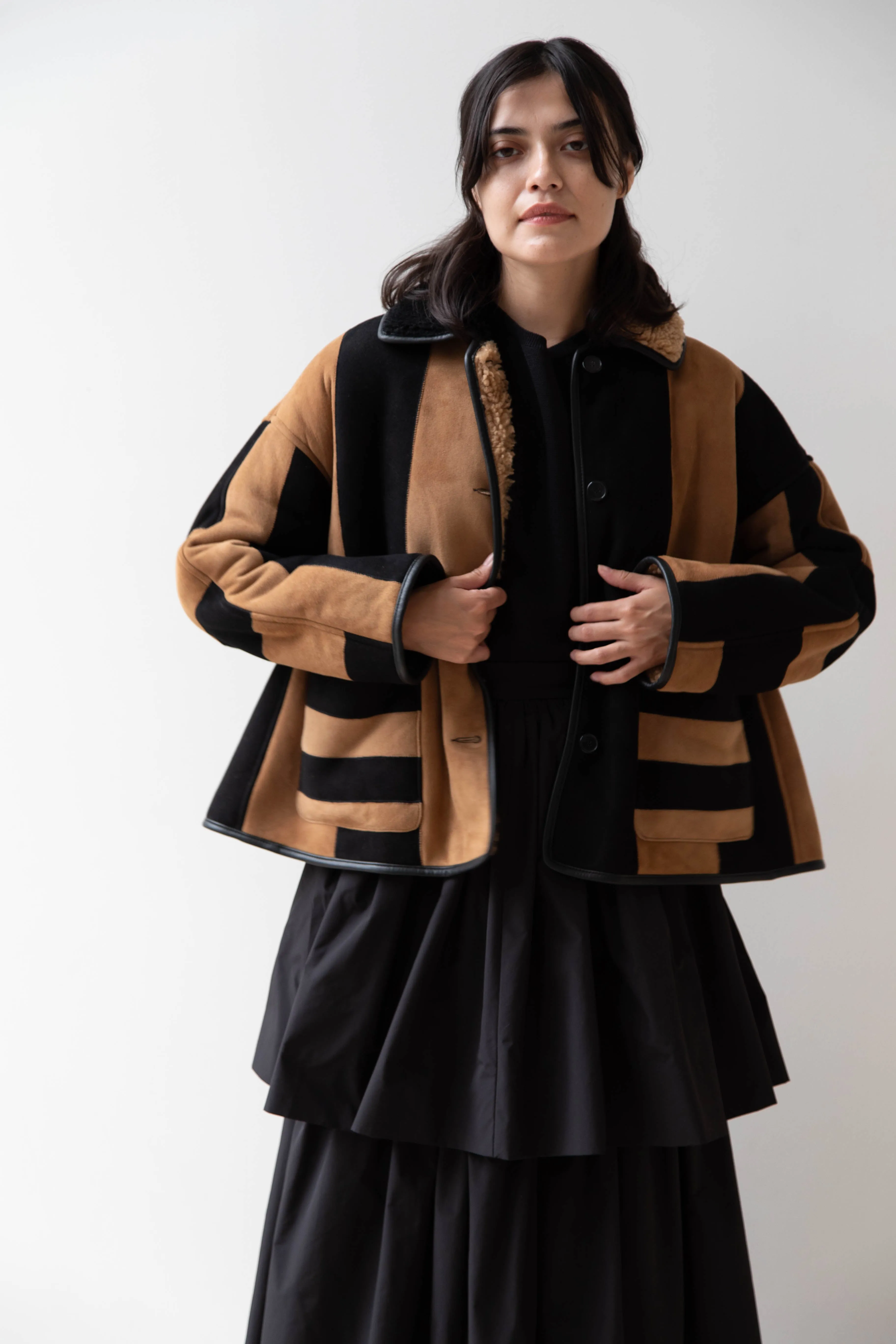 Cawley | Striped Shearling Avis Jacket in Black & Tan