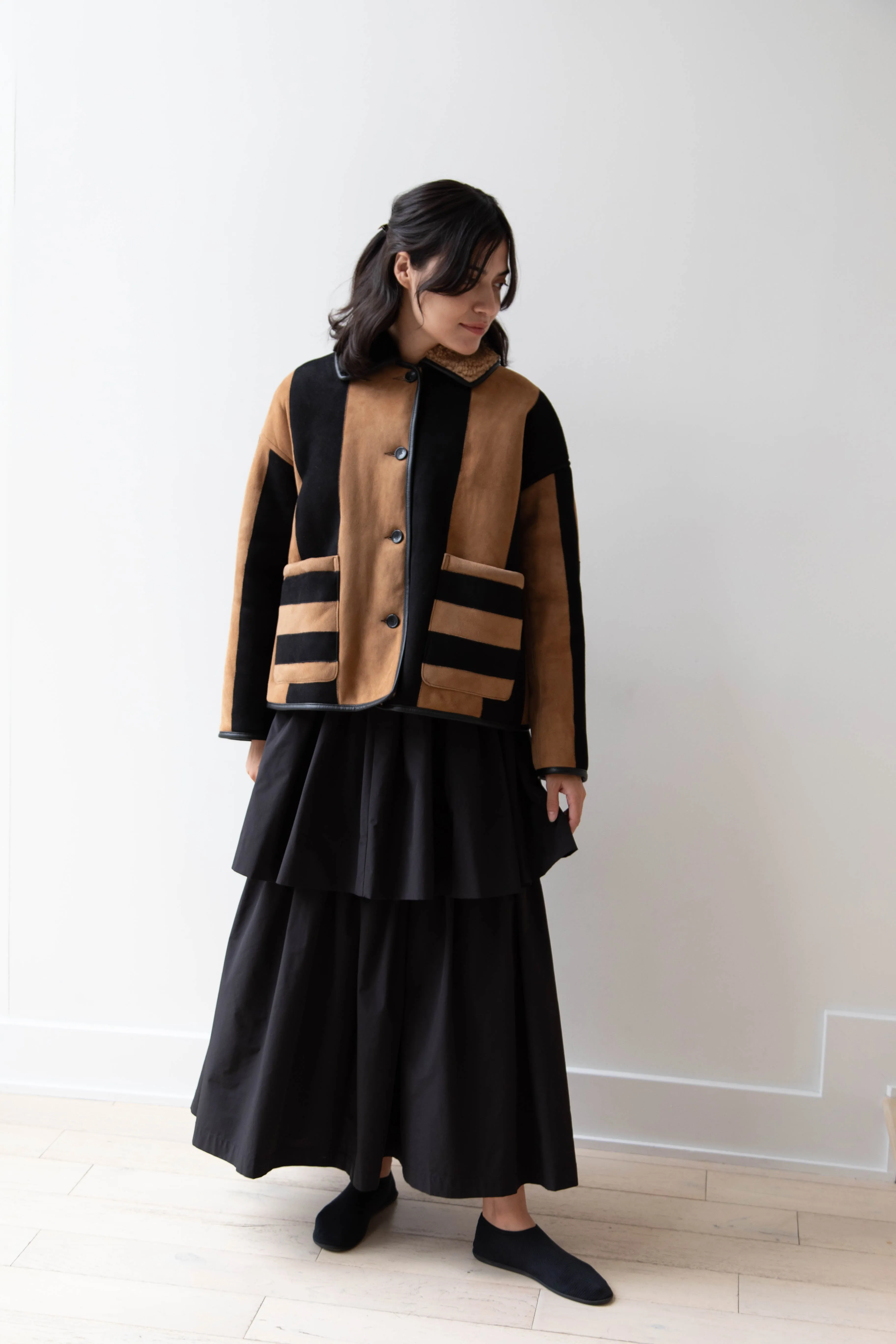 Cawley | Striped Shearling Avis Jacket in Black & Tan