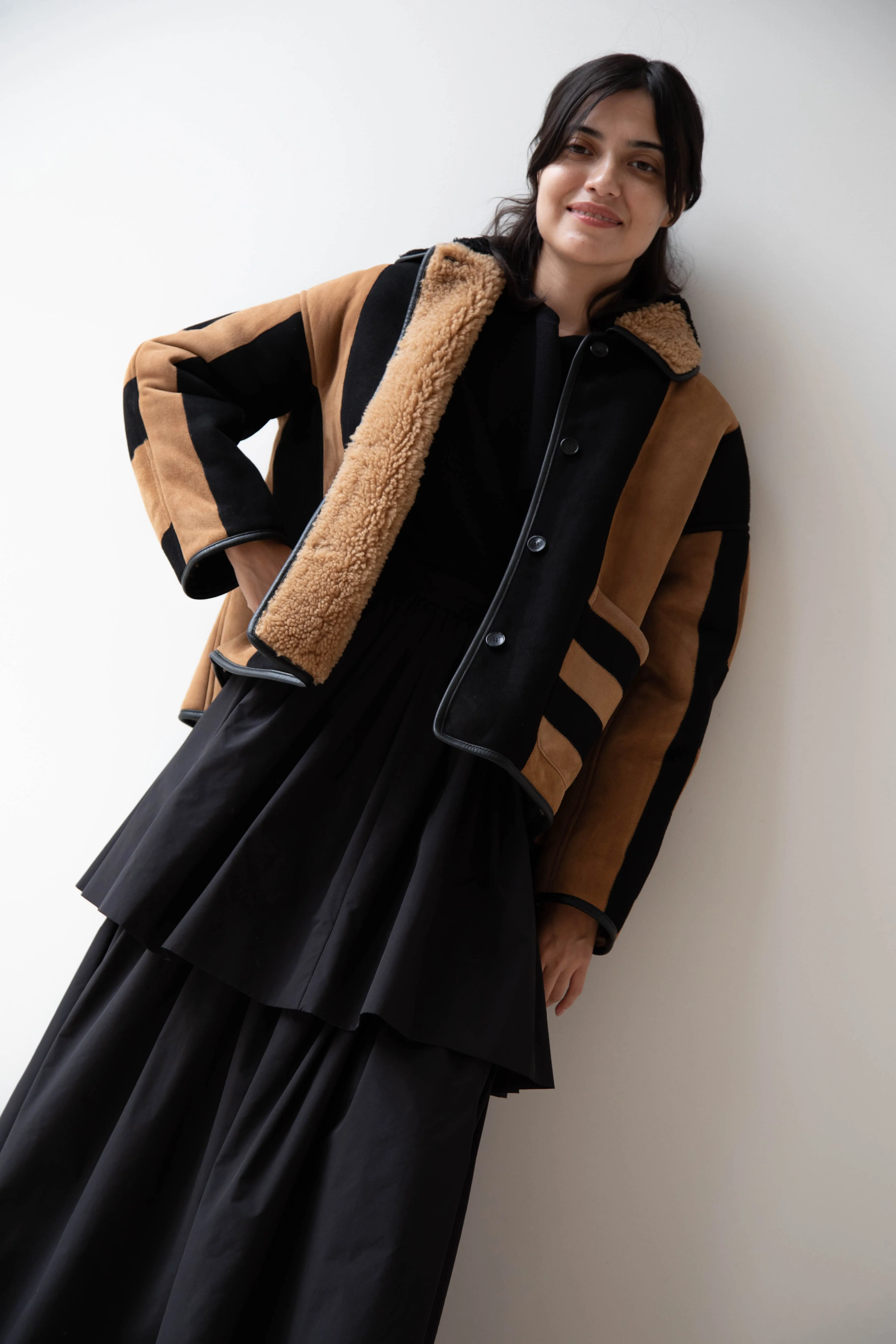 Cawley | Striped Shearling Avis Jacket in Black & Tan