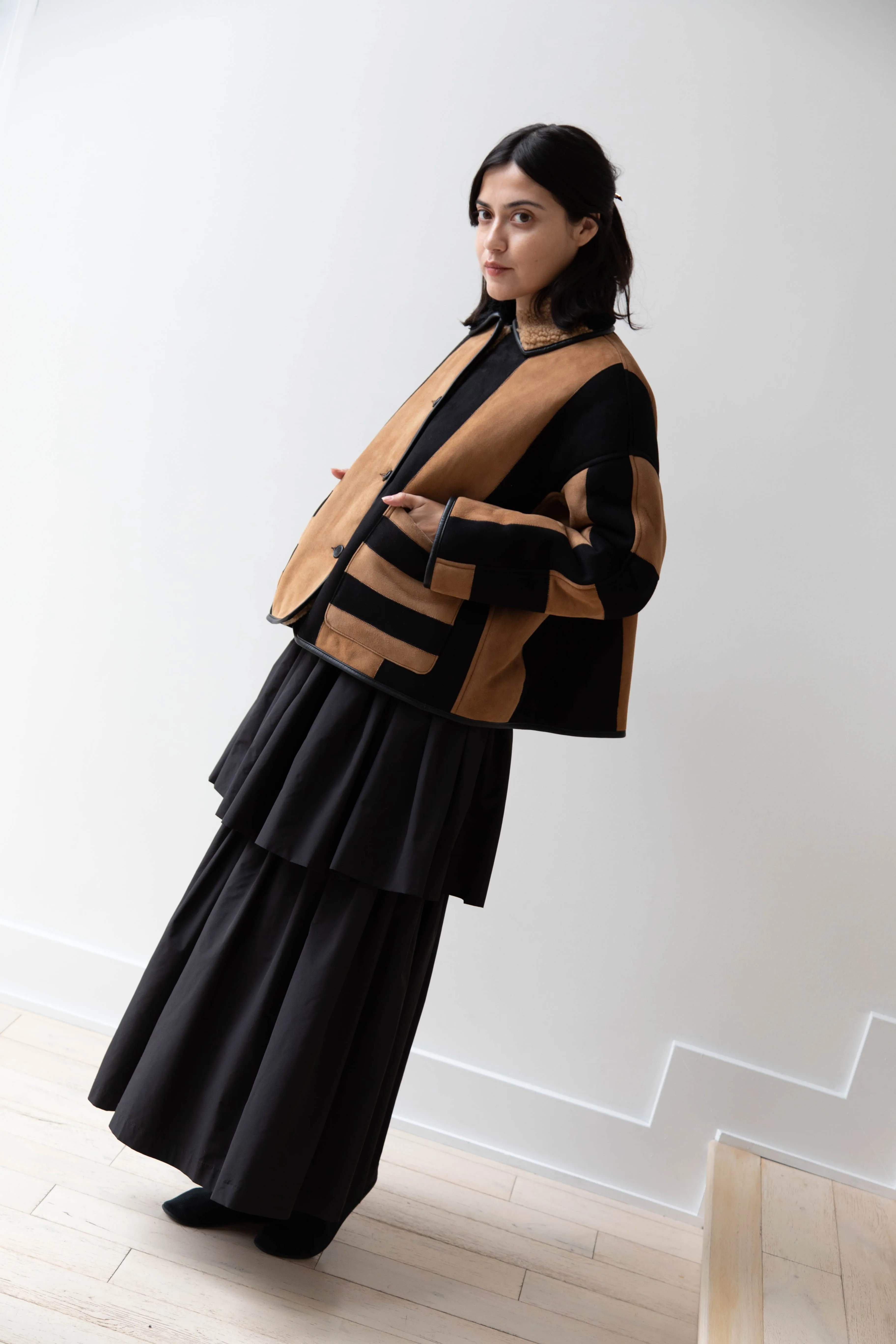 Cawley | Striped Shearling Avis Jacket in Black & Tan