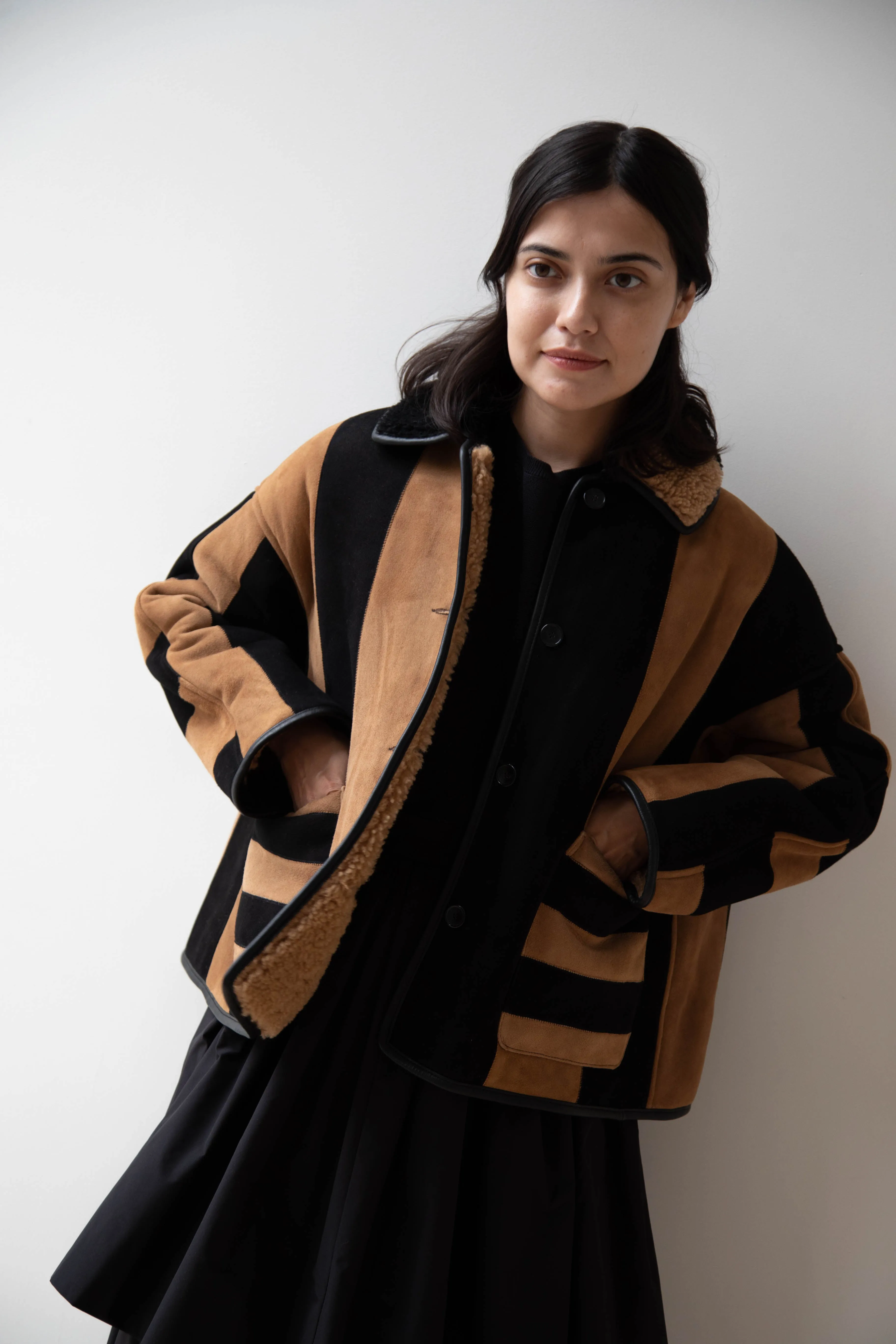 Cawley | Striped Shearling Avis Jacket in Black & Tan