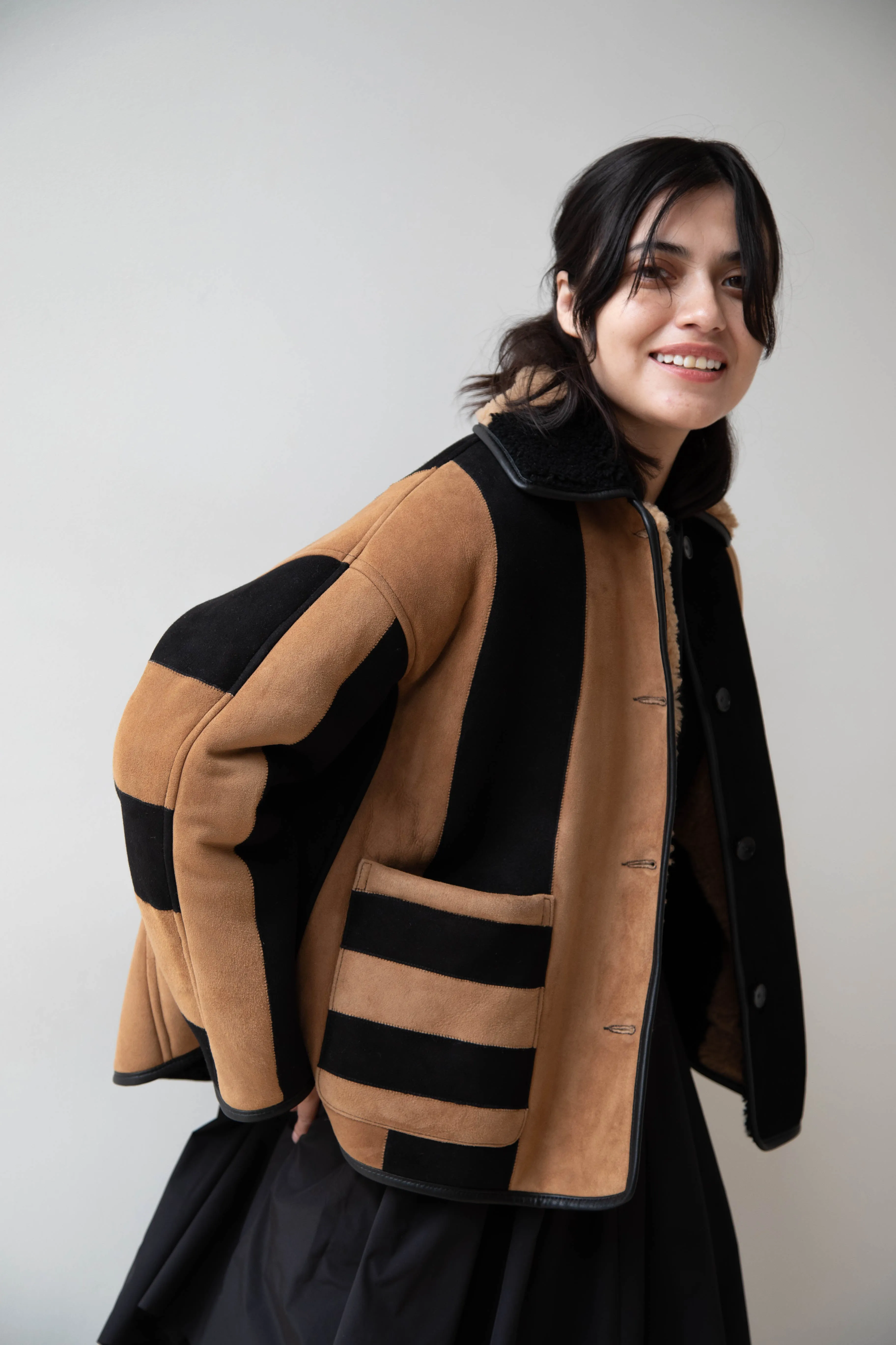 Cawley | Striped Shearling Avis Jacket in Black & Tan