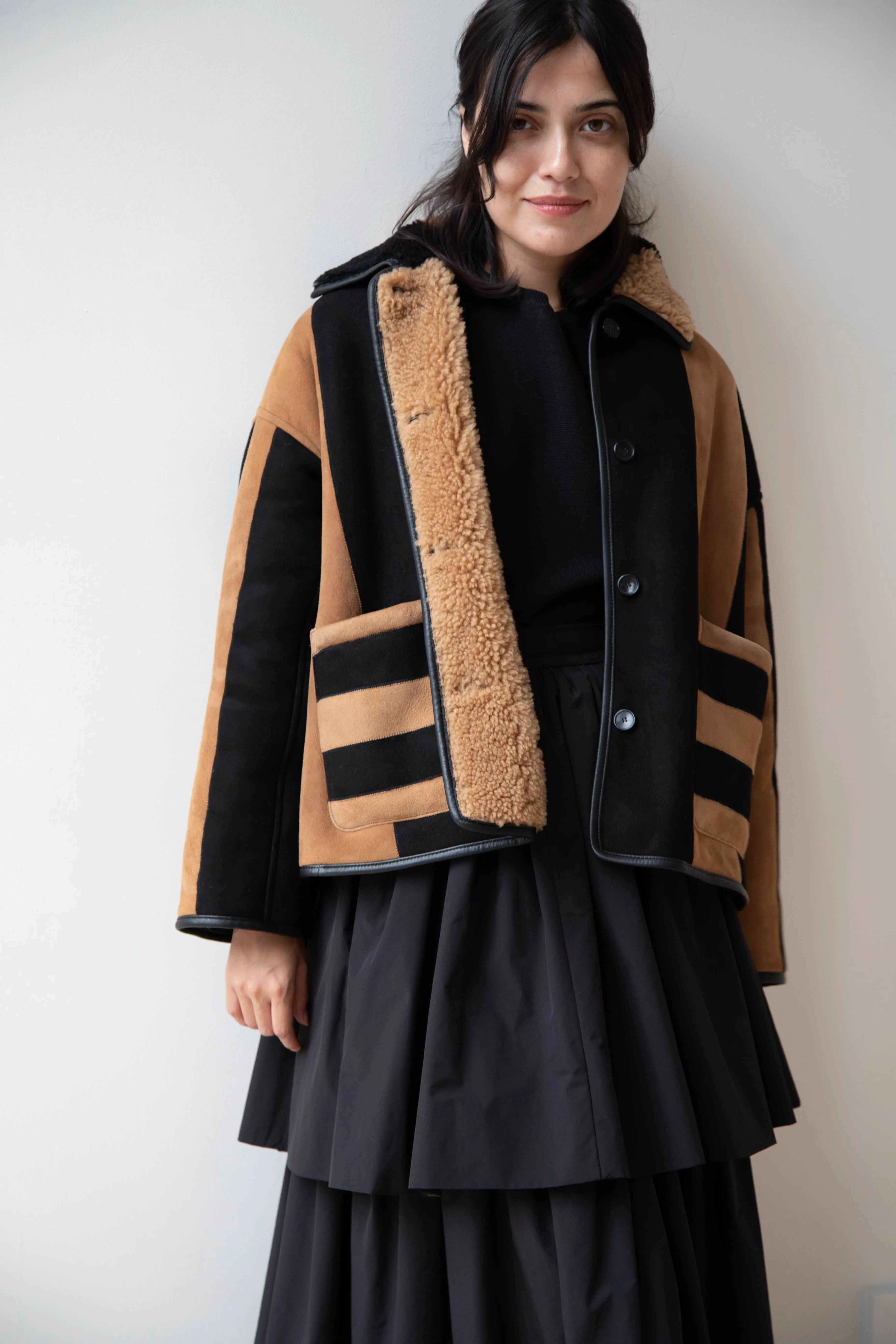 Cawley | Striped Shearling Avis Jacket in Black & Tan