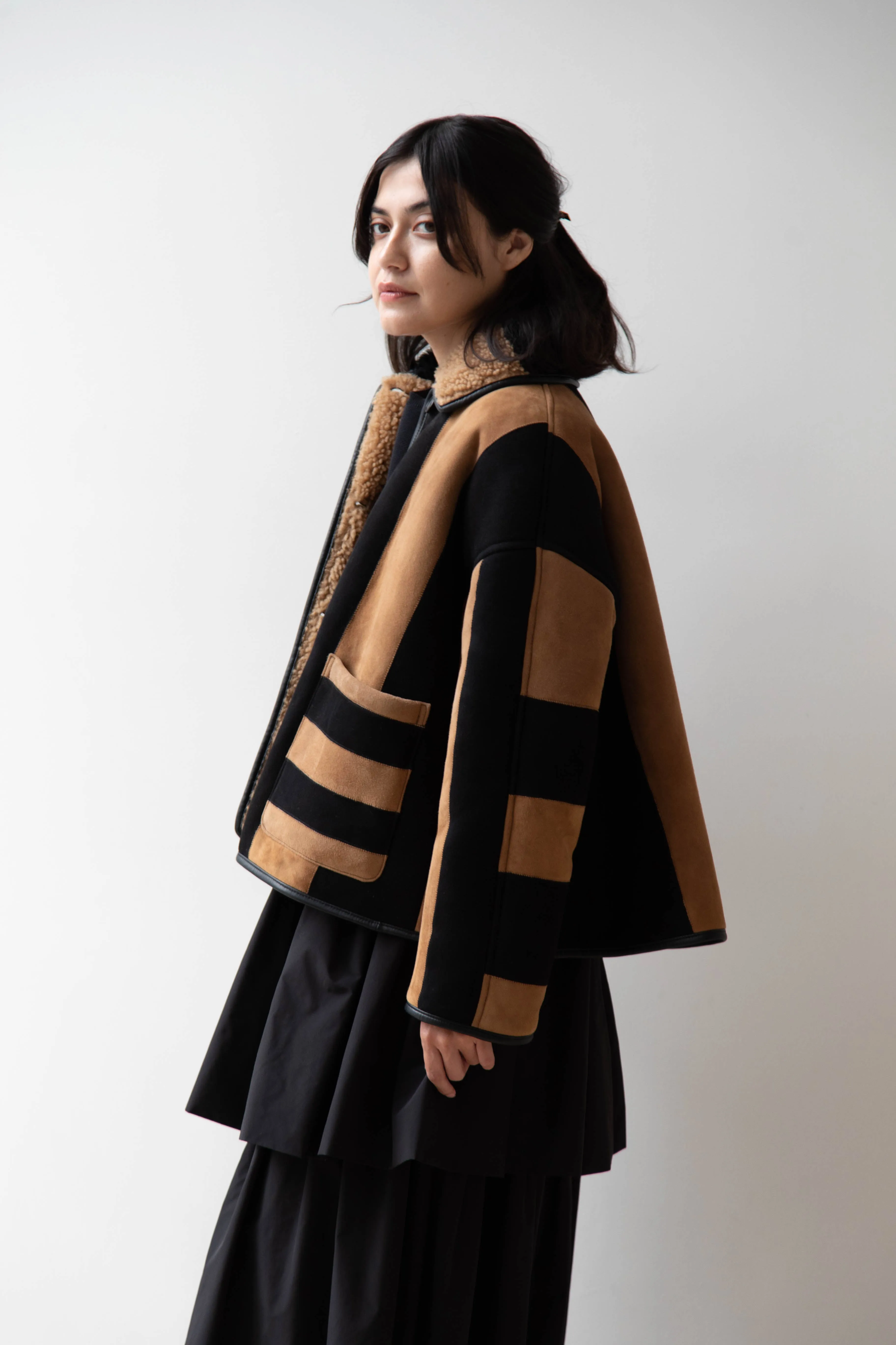 Cawley | Striped Shearling Avis Jacket in Black & Tan