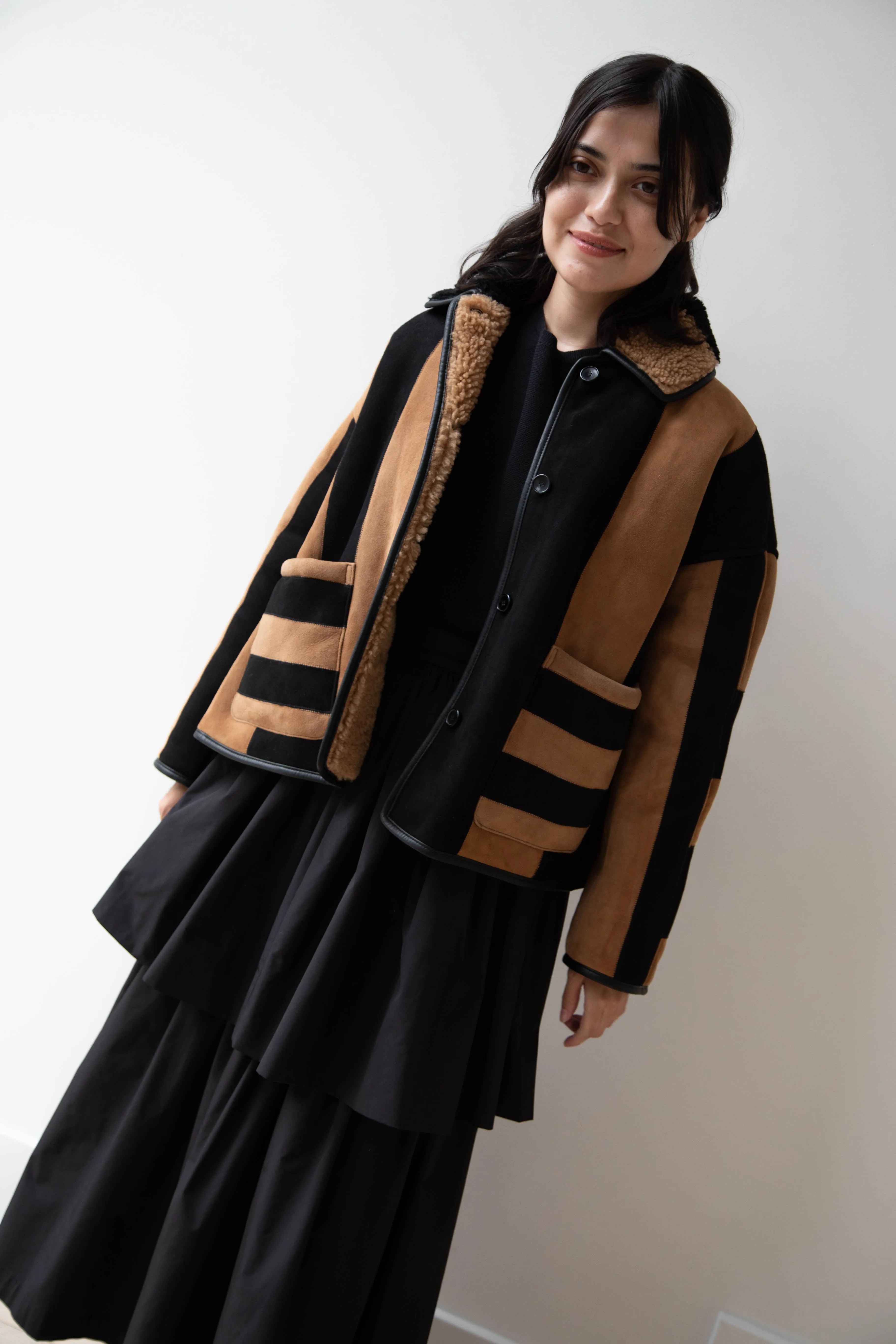 Cawley | Striped Shearling Avis Jacket in Black & Tan