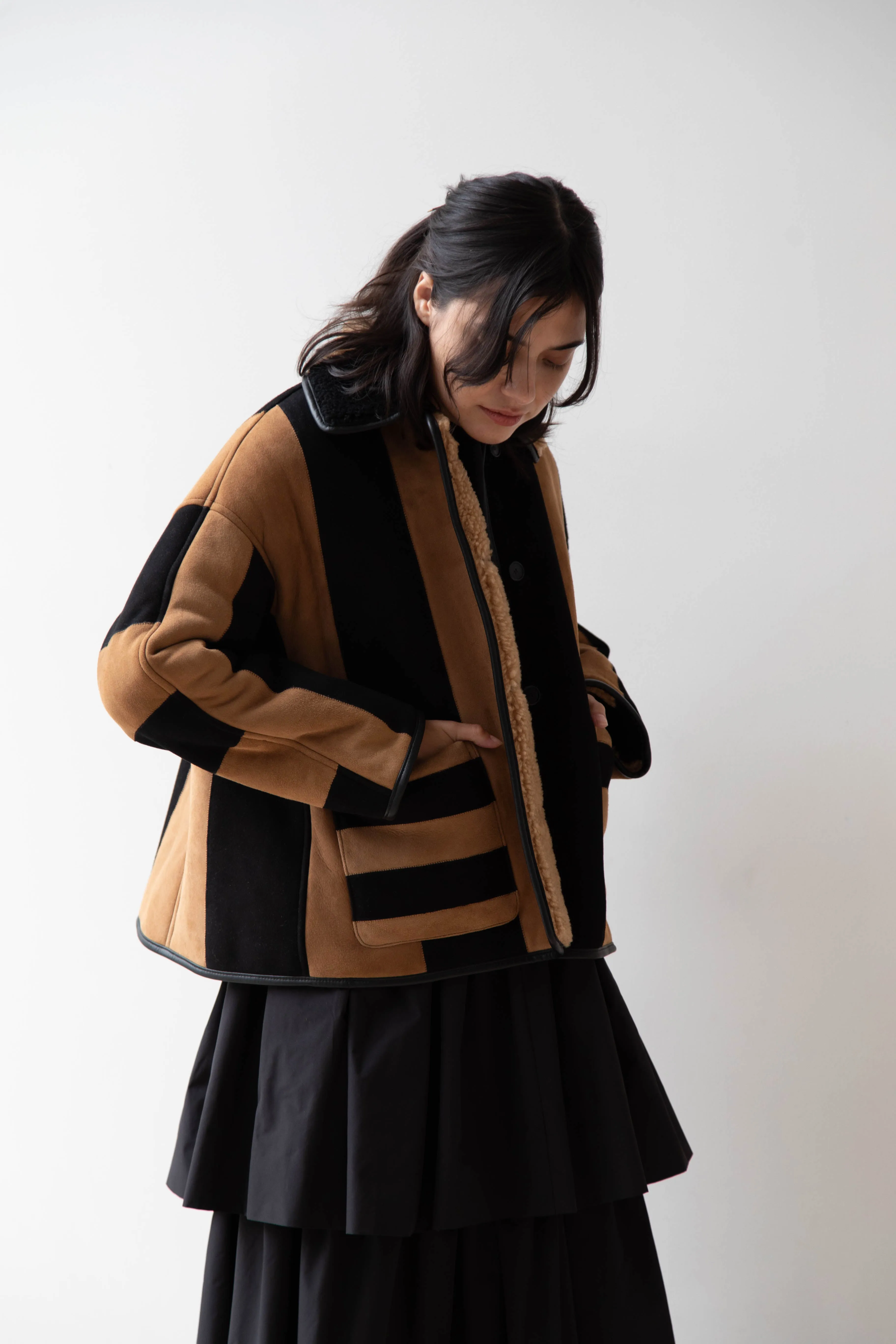 Cawley | Striped Shearling Avis Jacket in Black & Tan