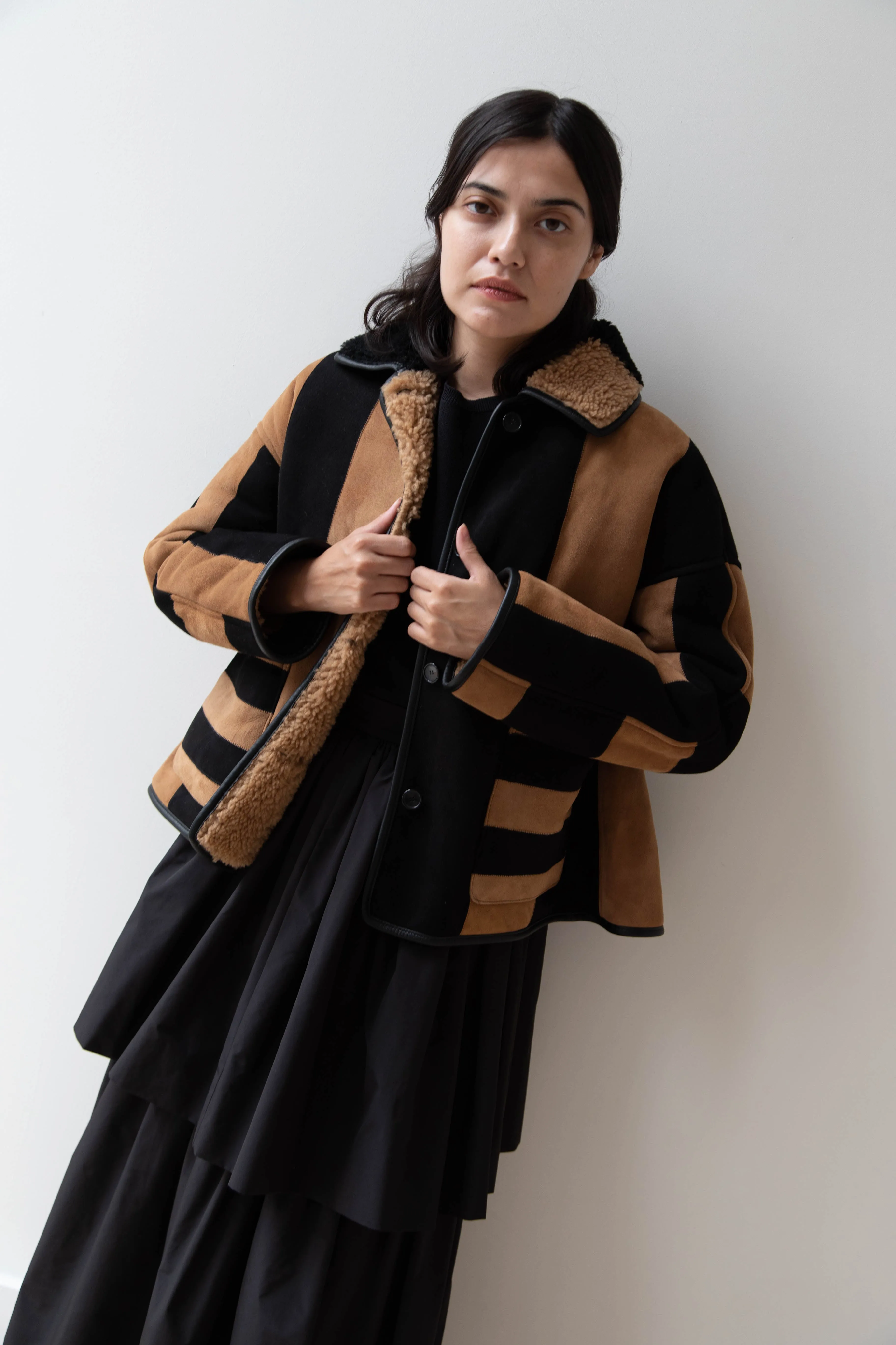 Cawley | Striped Shearling Avis Jacket in Black & Tan