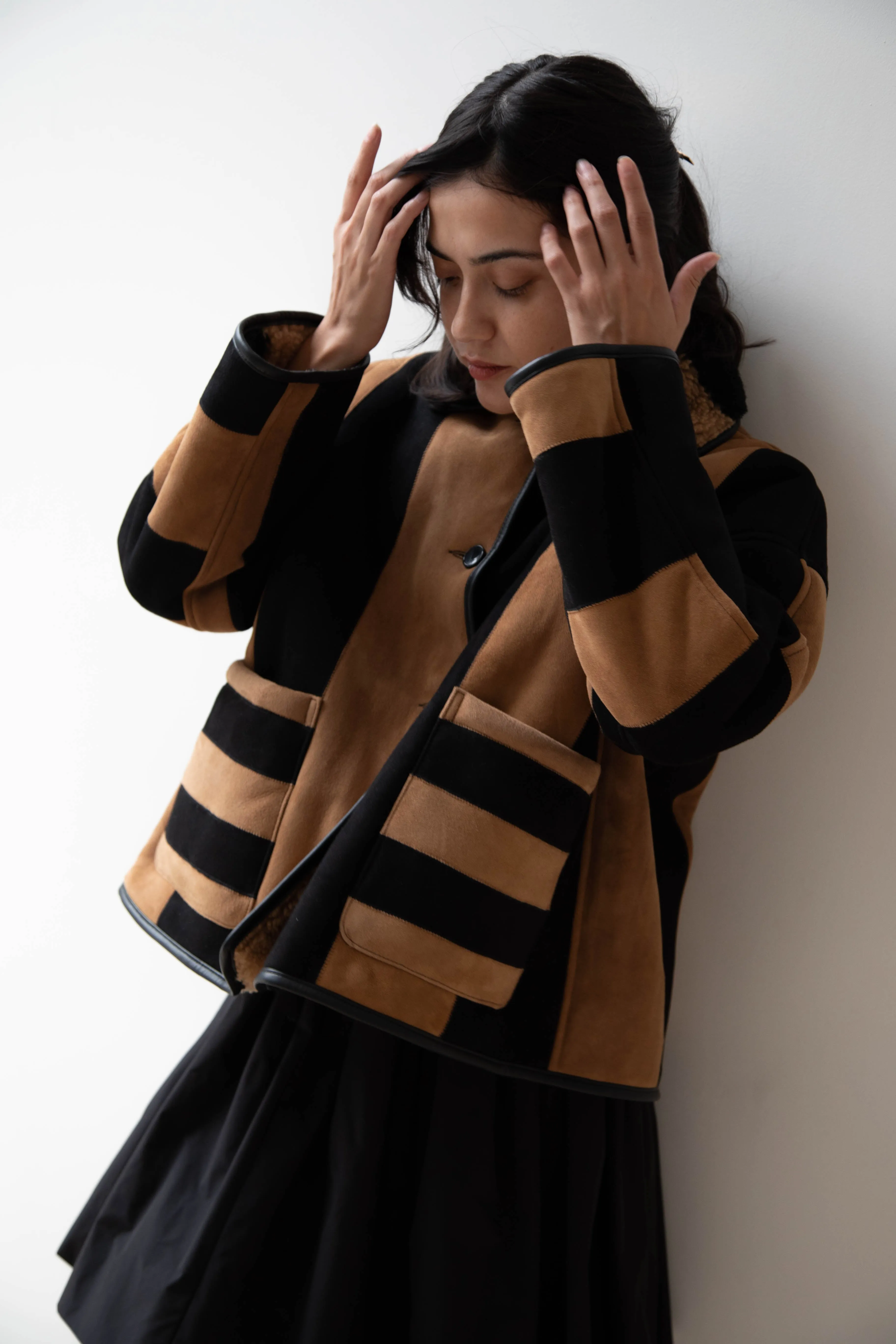 Cawley | Striped Shearling Avis Jacket in Black & Tan