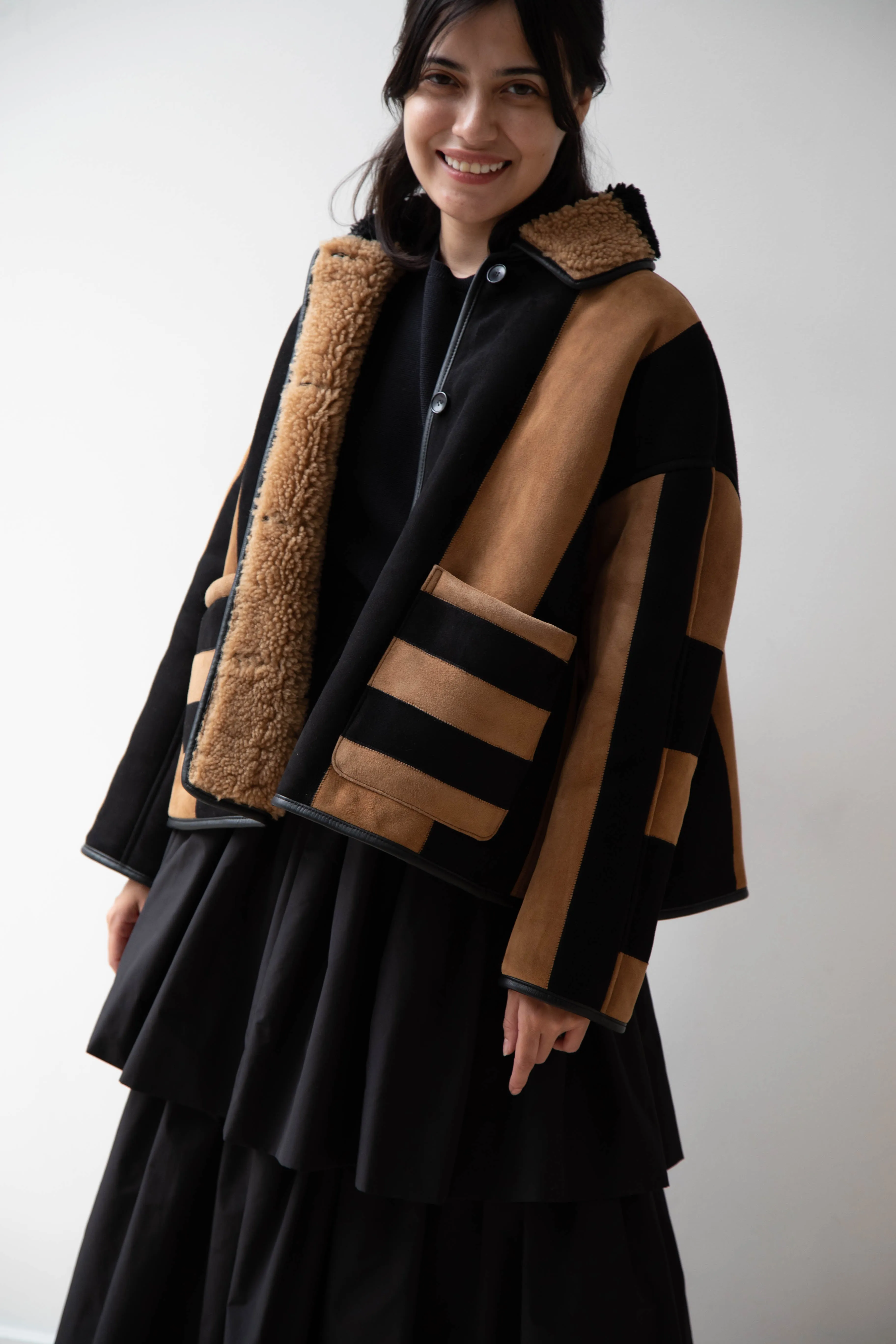 Cawley | Striped Shearling Avis Jacket in Black & Tan