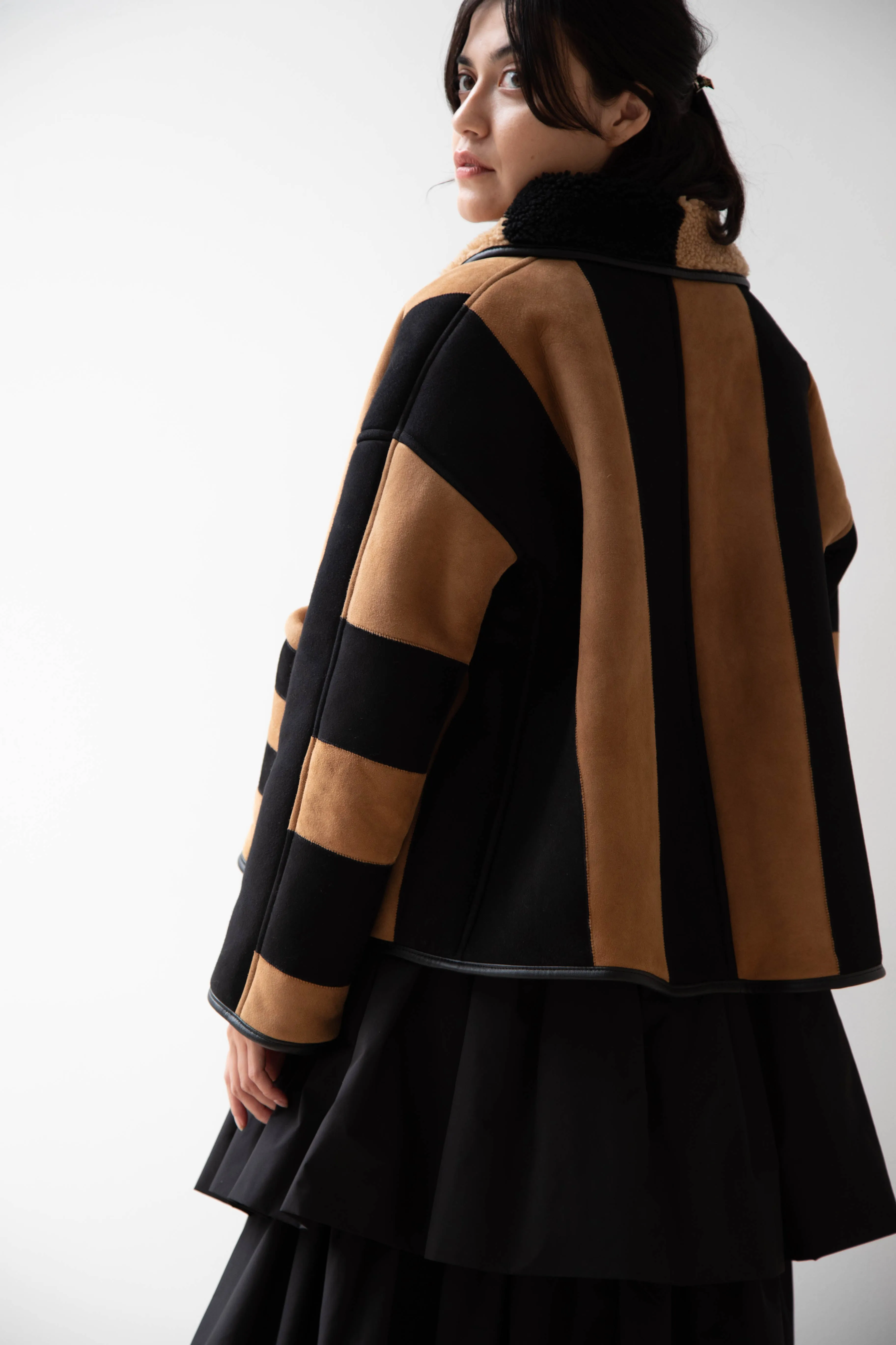 Cawley | Striped Shearling Avis Jacket in Black & Tan