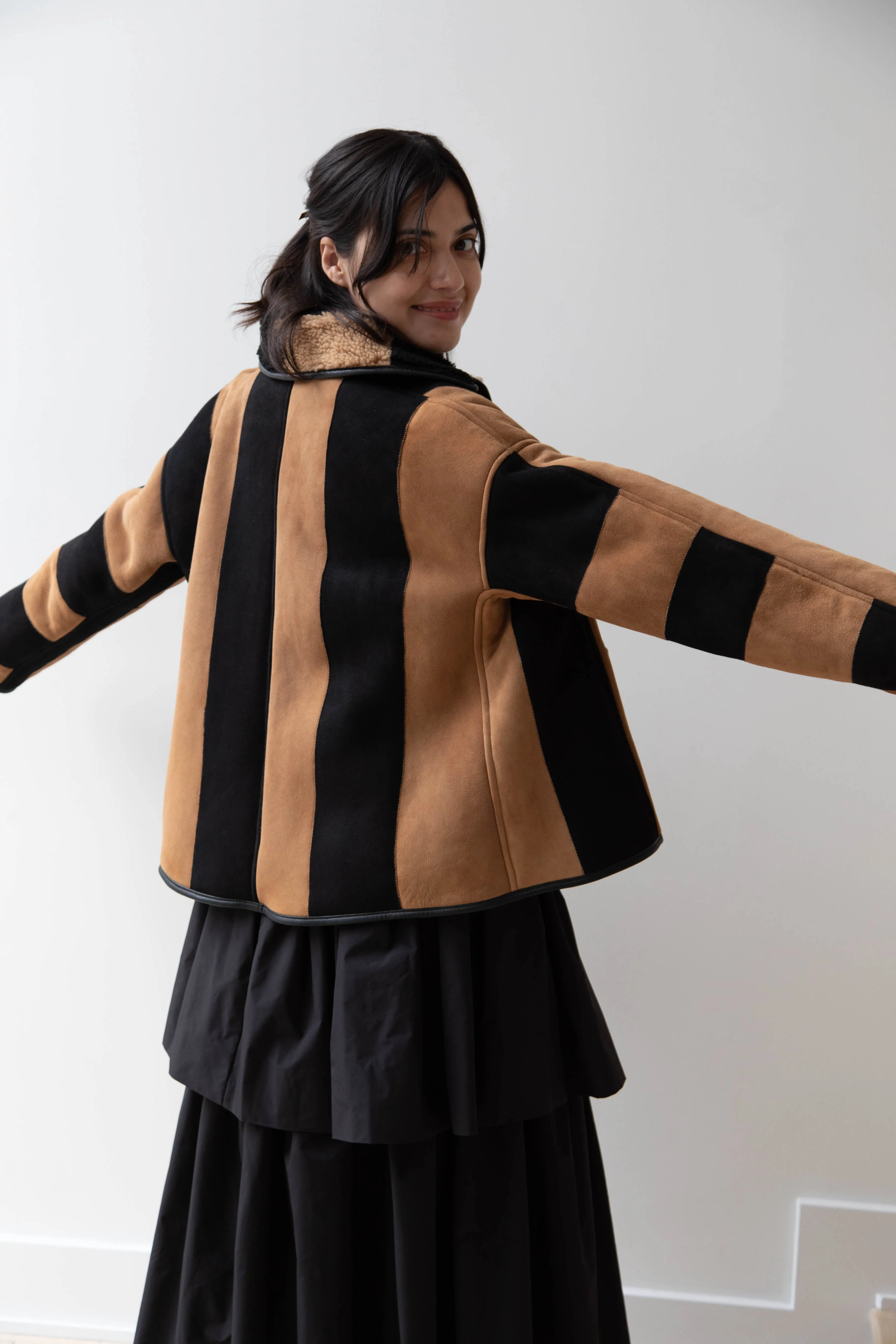 Cawley | Striped Shearling Avis Jacket in Black & Tan