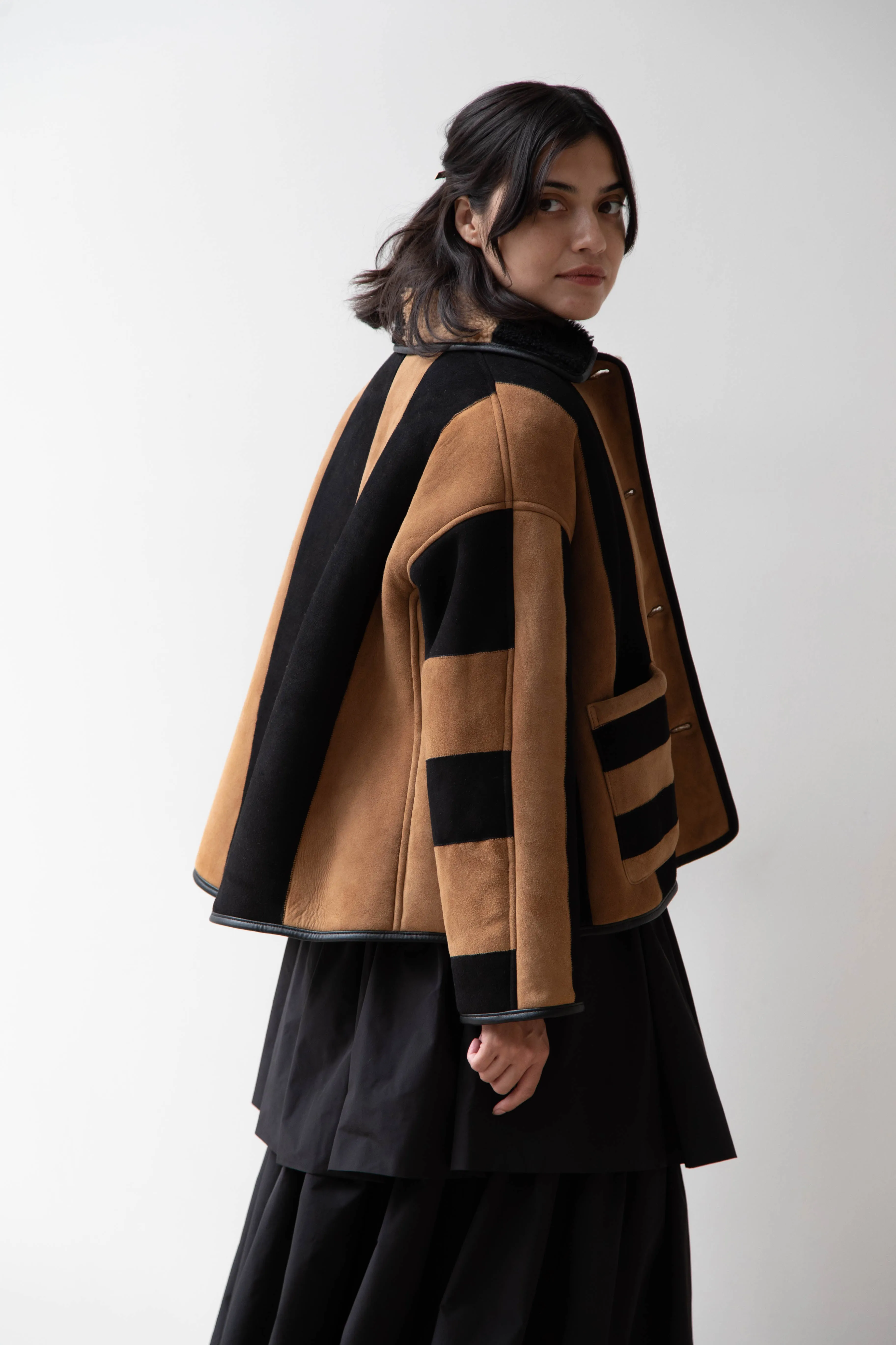 Cawley | Striped Shearling Avis Jacket in Black & Tan