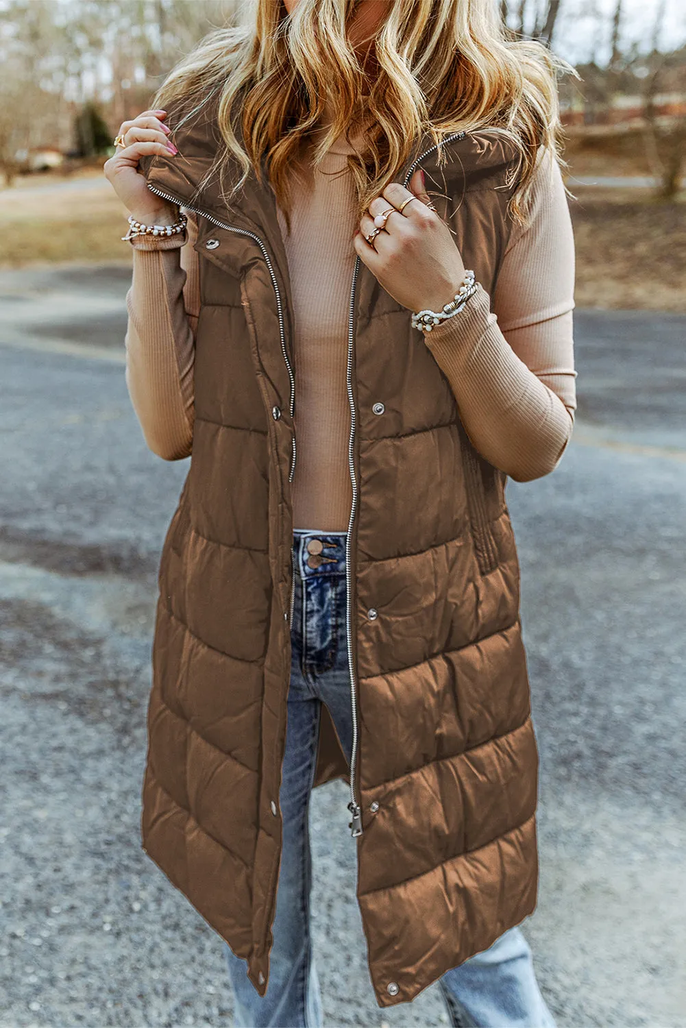 Chestnut Hooded Long Quilted Vest Coat