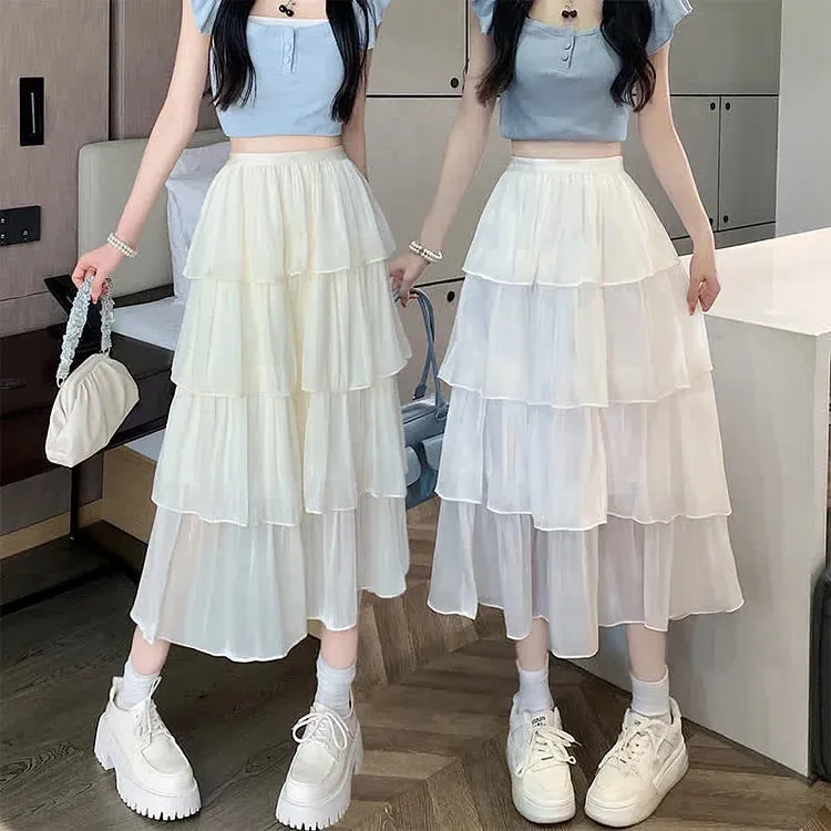 Chic Pure Color High Waist Tiered Skirt