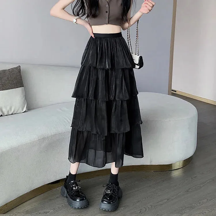 Chic Pure Color High Waist Tiered Skirt