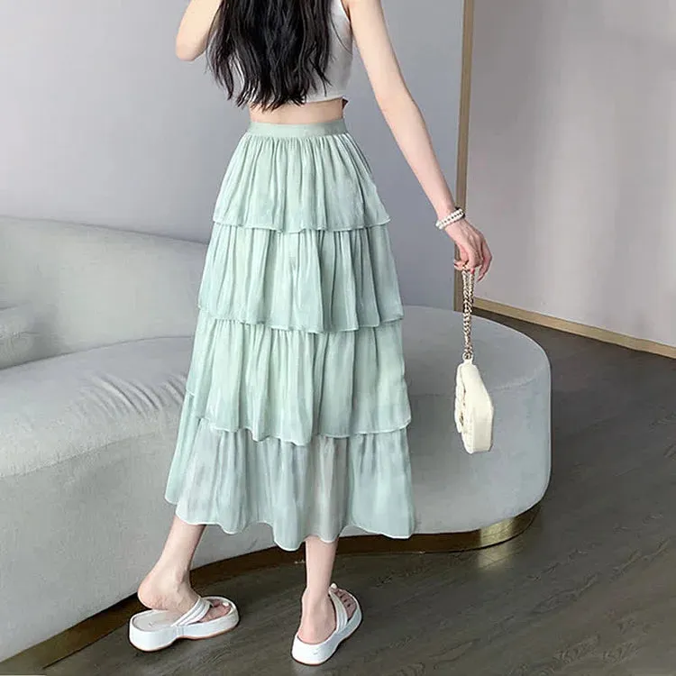 Chic Pure Color High Waist Tiered Skirt