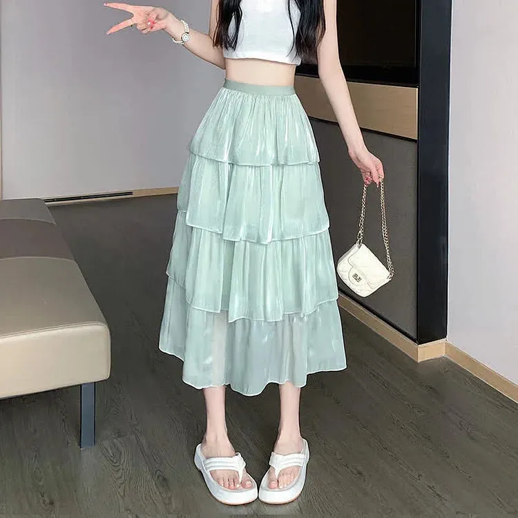 Chic Pure Color High Waist Tiered Skirt