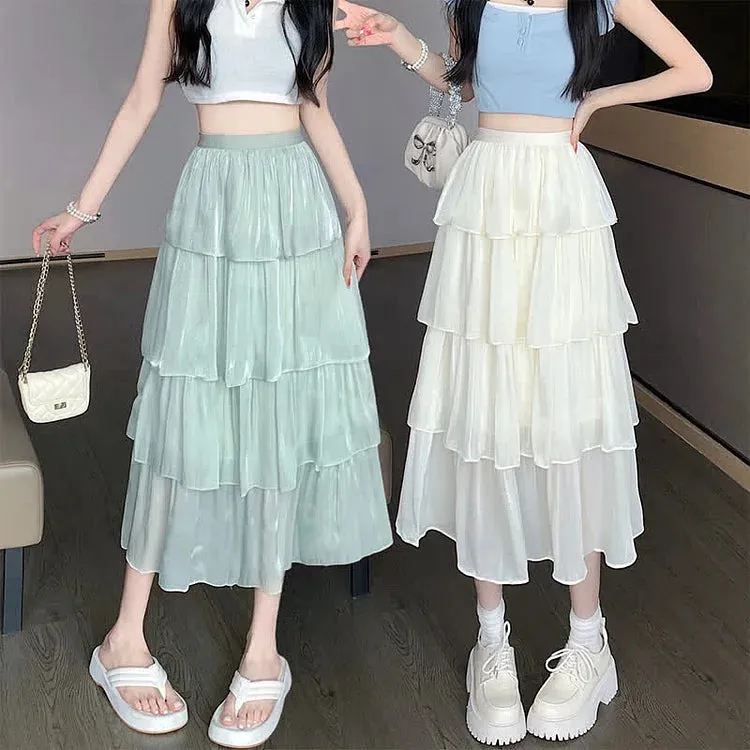 Chic Pure Color High Waist Tiered Skirt