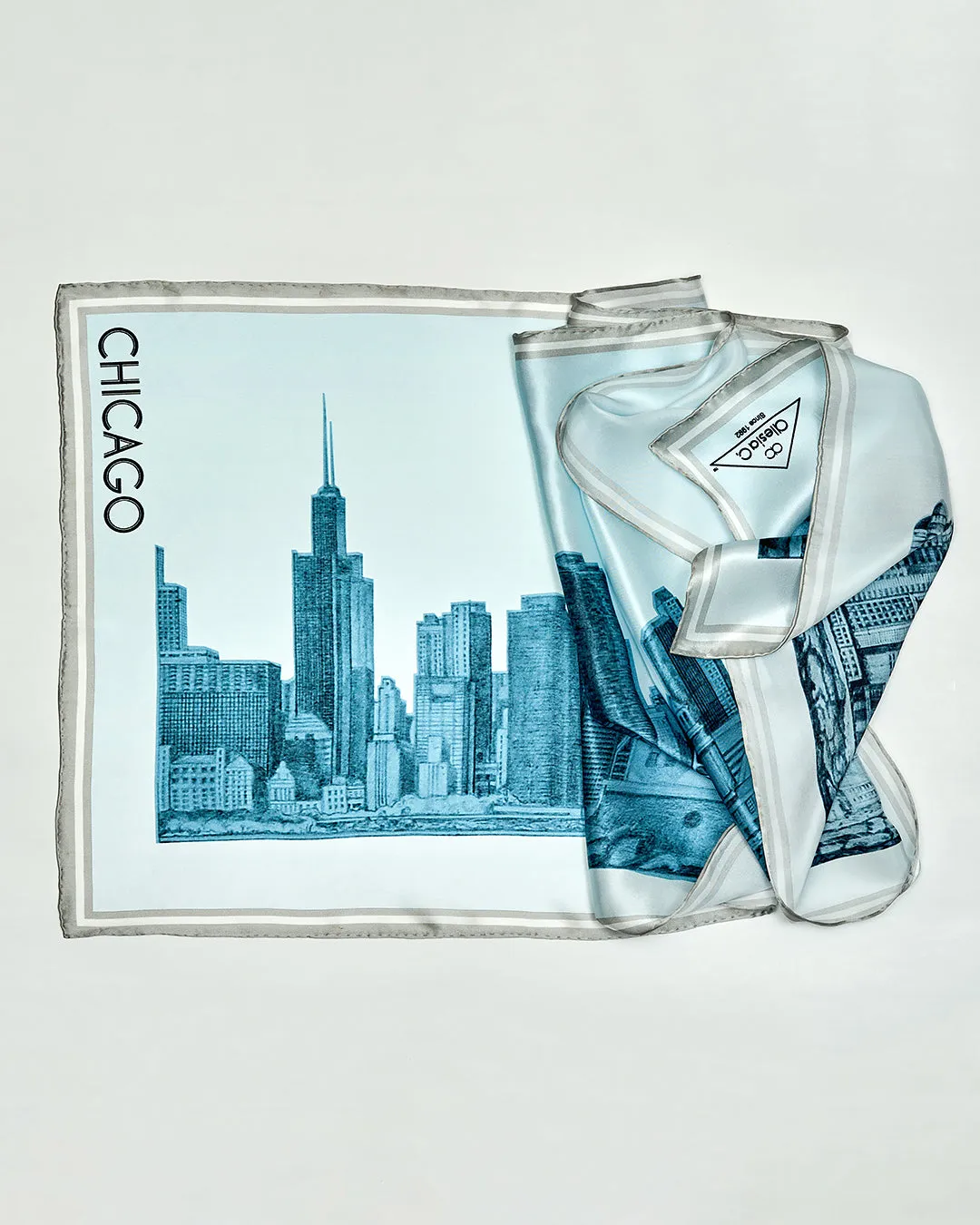 CHICAGO Skyline 100% Silk Oblong Scarf in Blue White