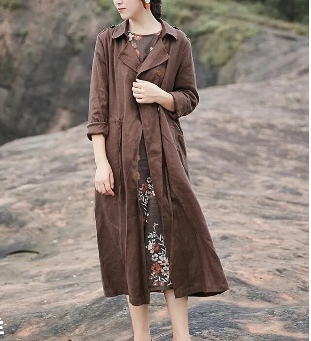 Coffee linen Loose Long Sleeve Shirt Autumn Women Linen Dresses 9092