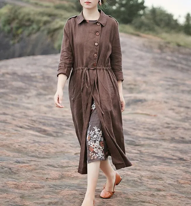 Coffee linen Loose Long Sleeve Shirt Autumn Women Linen Dresses 9092