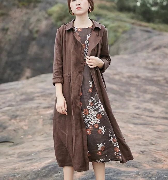 Coffee linen Loose Long Sleeve Shirt Autumn Women Linen Dresses 9092