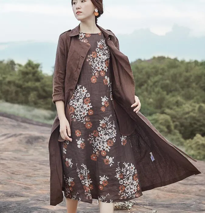 Coffee linen Loose Long Sleeve Shirt Autumn Women Linen Dresses 9092