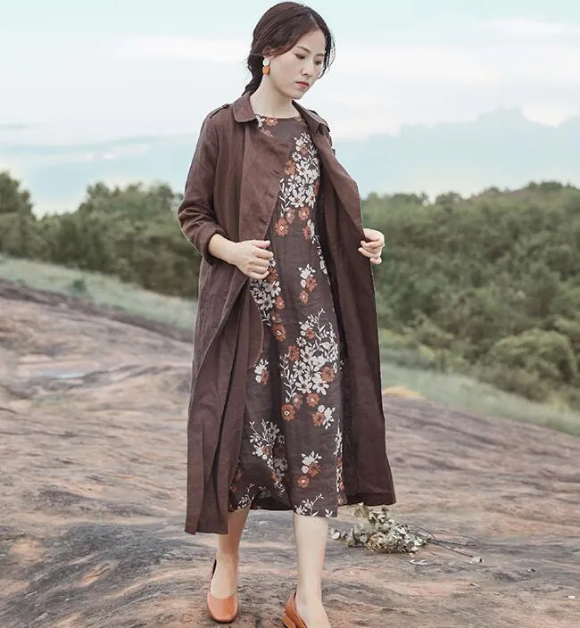 Coffee linen Loose Long Sleeve Shirt Autumn Women Linen Dresses 9092