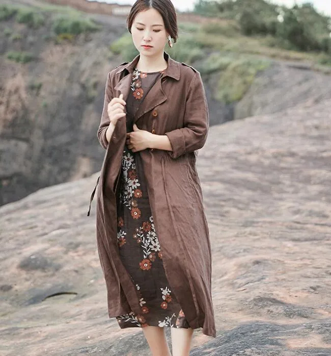 Coffee linen Loose Long Sleeve Shirt Autumn Women Linen Dresses 9092