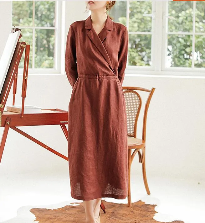 Coffee Linen Women Dresses Long Sleeve Women Linen Dresses Waist Belt S90921