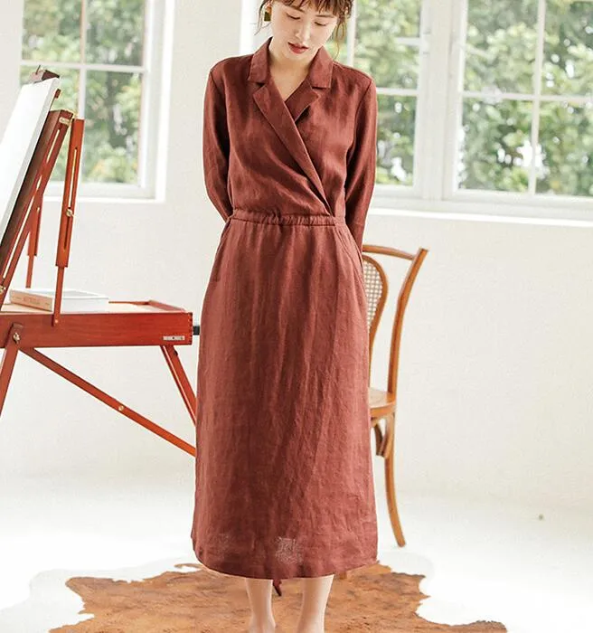 Coffee Linen Women Dresses Long Sleeve Women Linen Dresses Waist Belt S90921